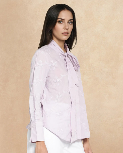 Rareism Women Jeneiro White Cotton Fabric Cuffed Sleeves Tie Up Neck Plain Shirt main image 0