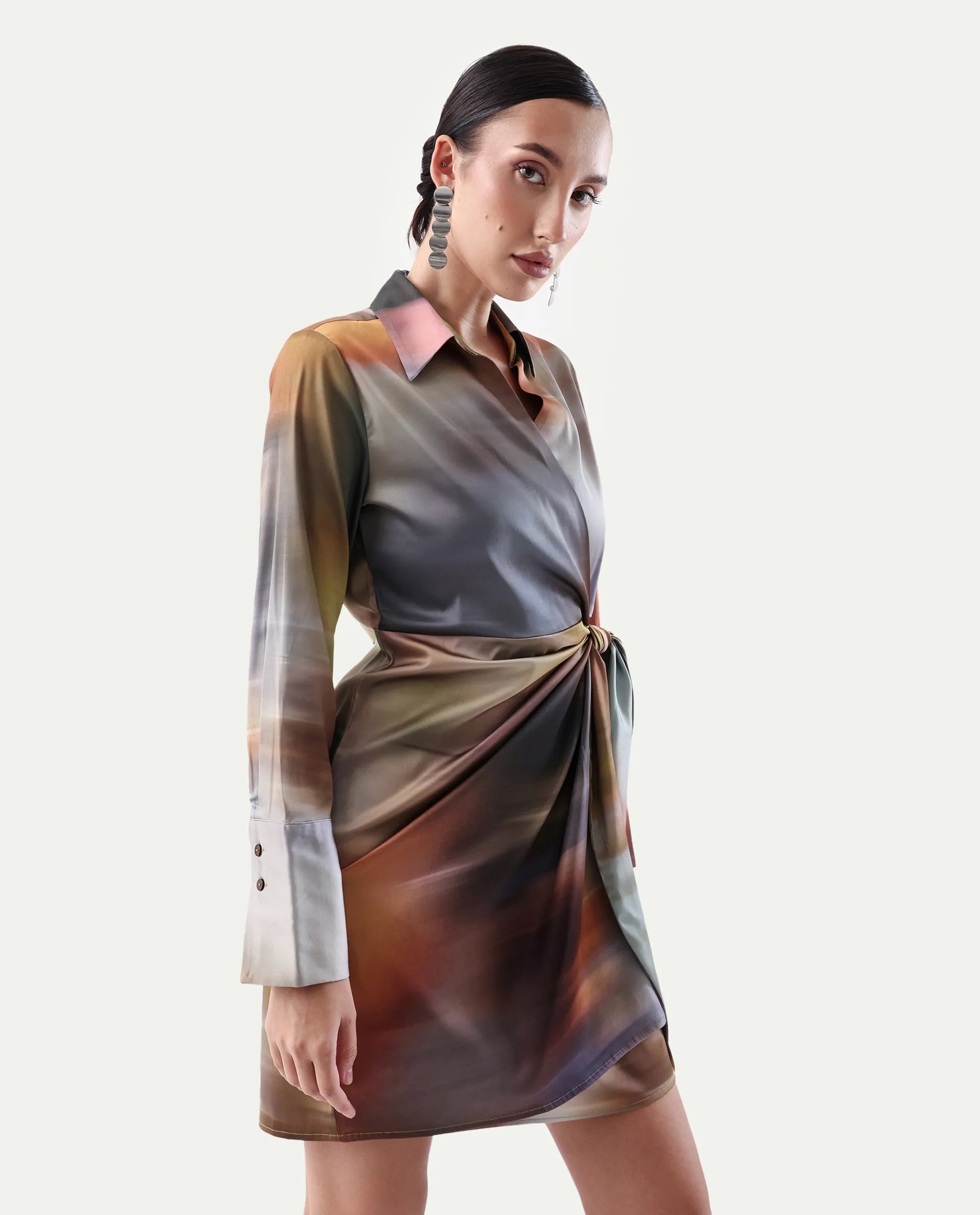 Rareism Women's Jengo Multi Polyester Johnny Collar Straight Fit Dress