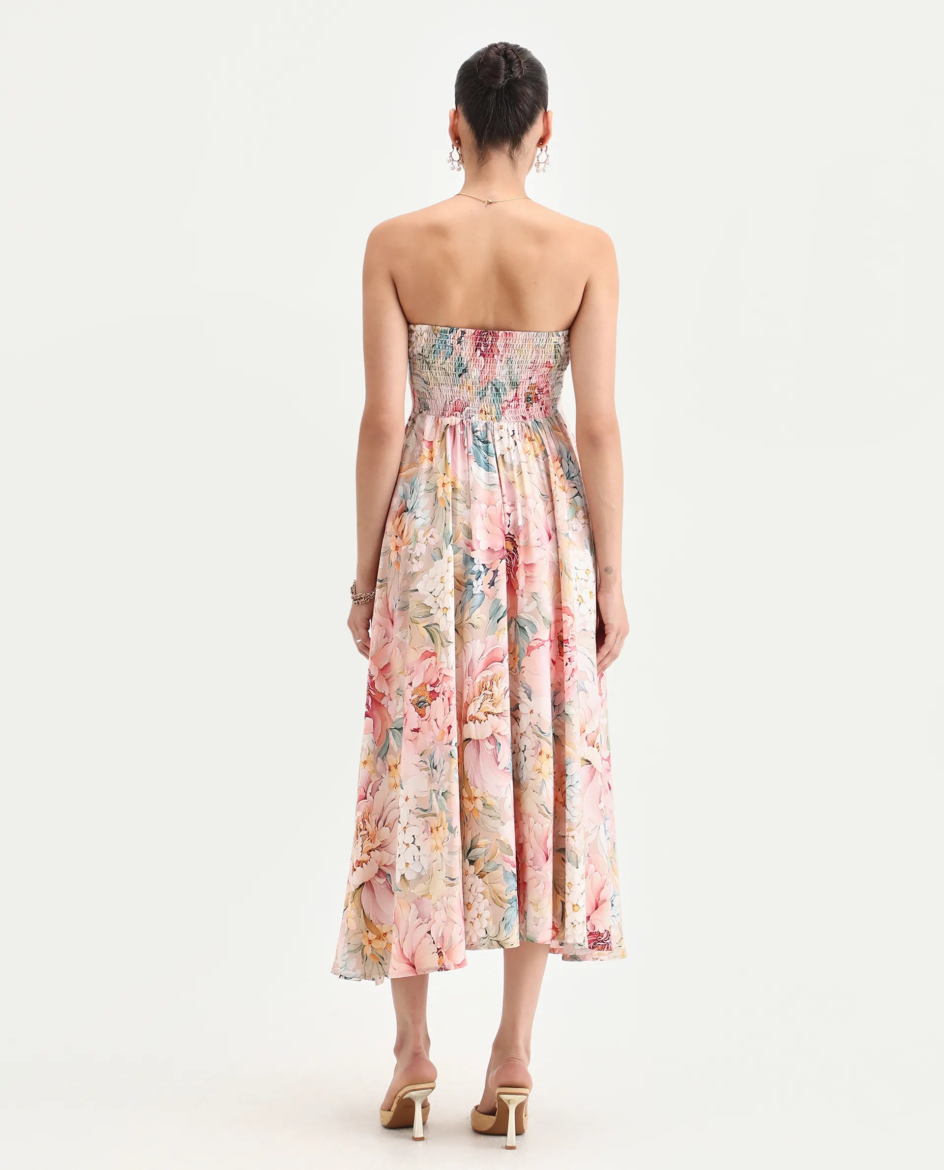 Rareism Women's Jenit Light Viscose Tube Neck Fit And Flare Printed Midi Dress