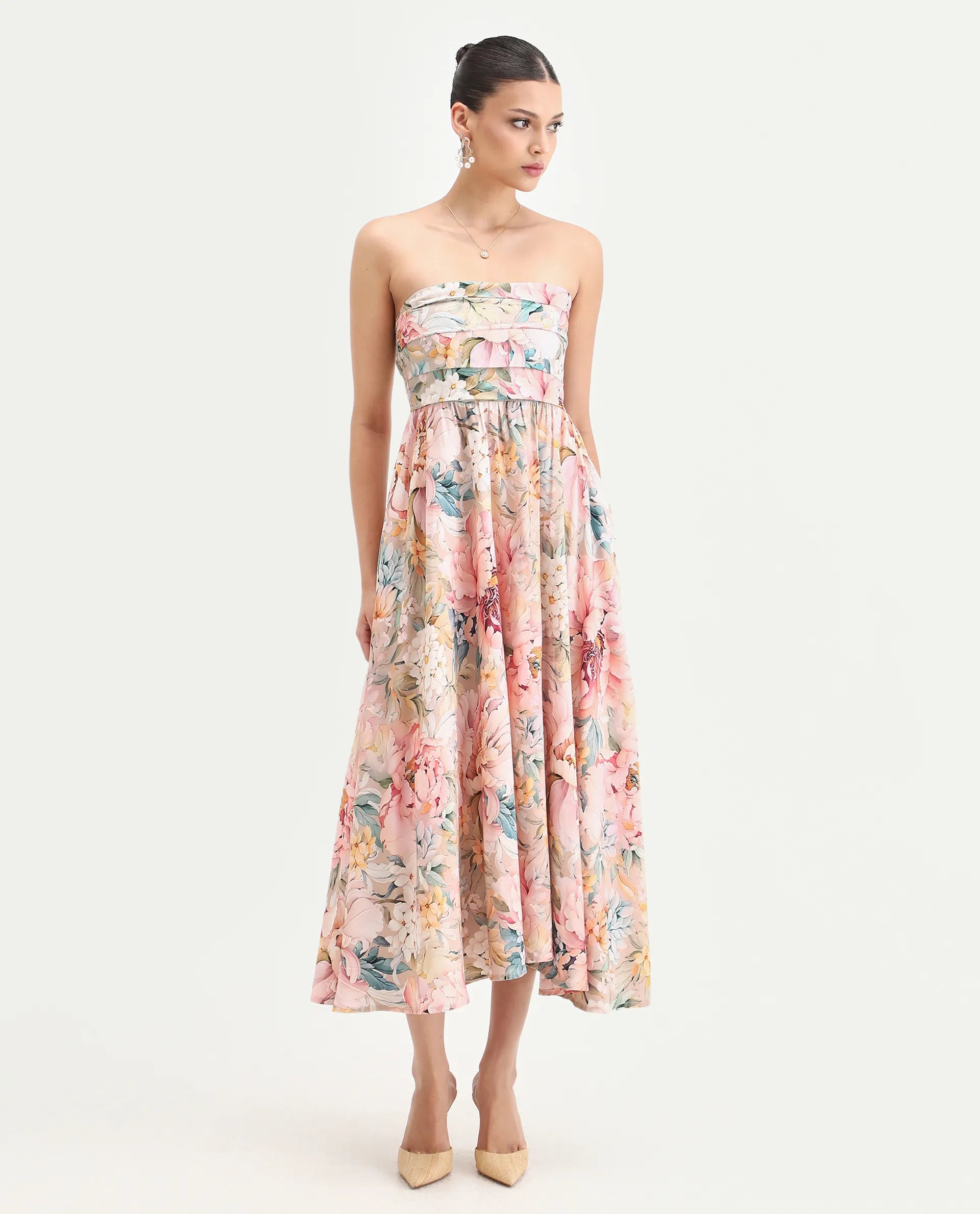 Rareism Women's Jenit Light Viscose Tube Neck Fit And Flare Printed Midi Dress