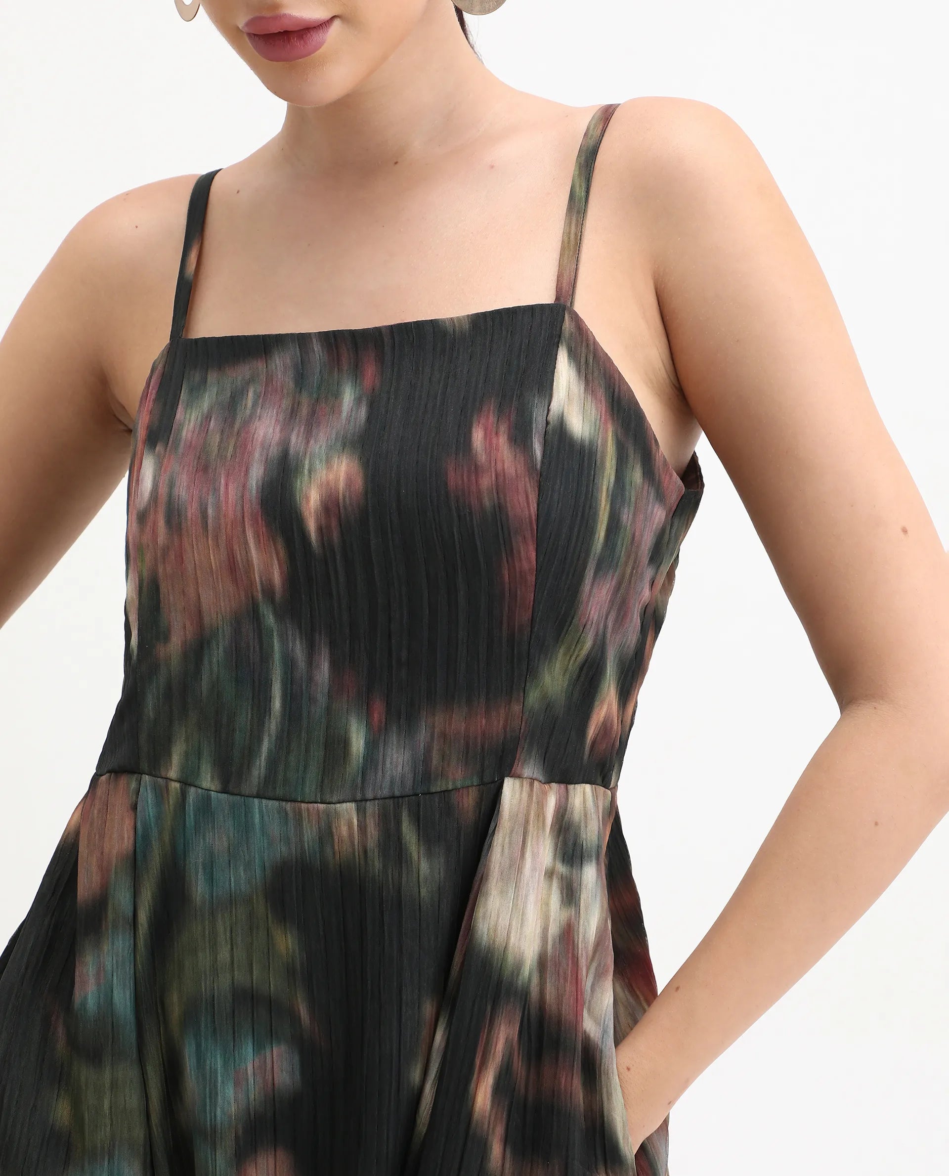 Rareism Women's Jenito Black Polyester Tube Neck Fit And Flare Printed Midi Dress