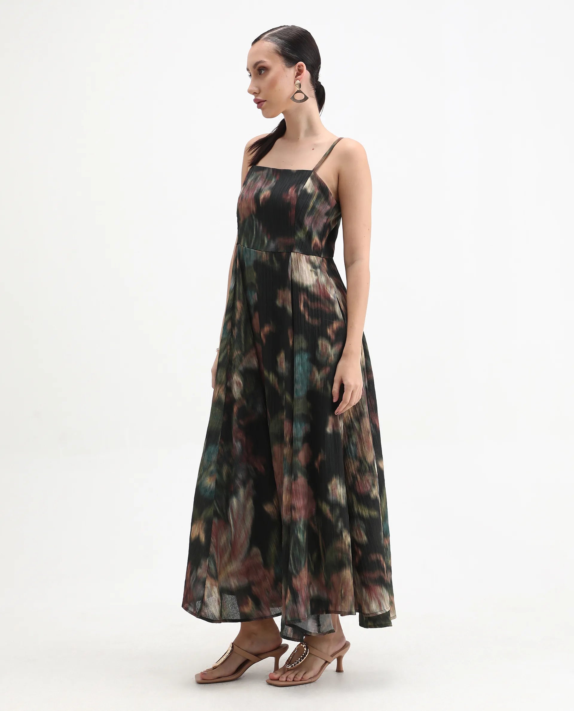 Rareism Women's Jenito Black Polyester Tube Neck Fit And Flare Printed Midi Dress