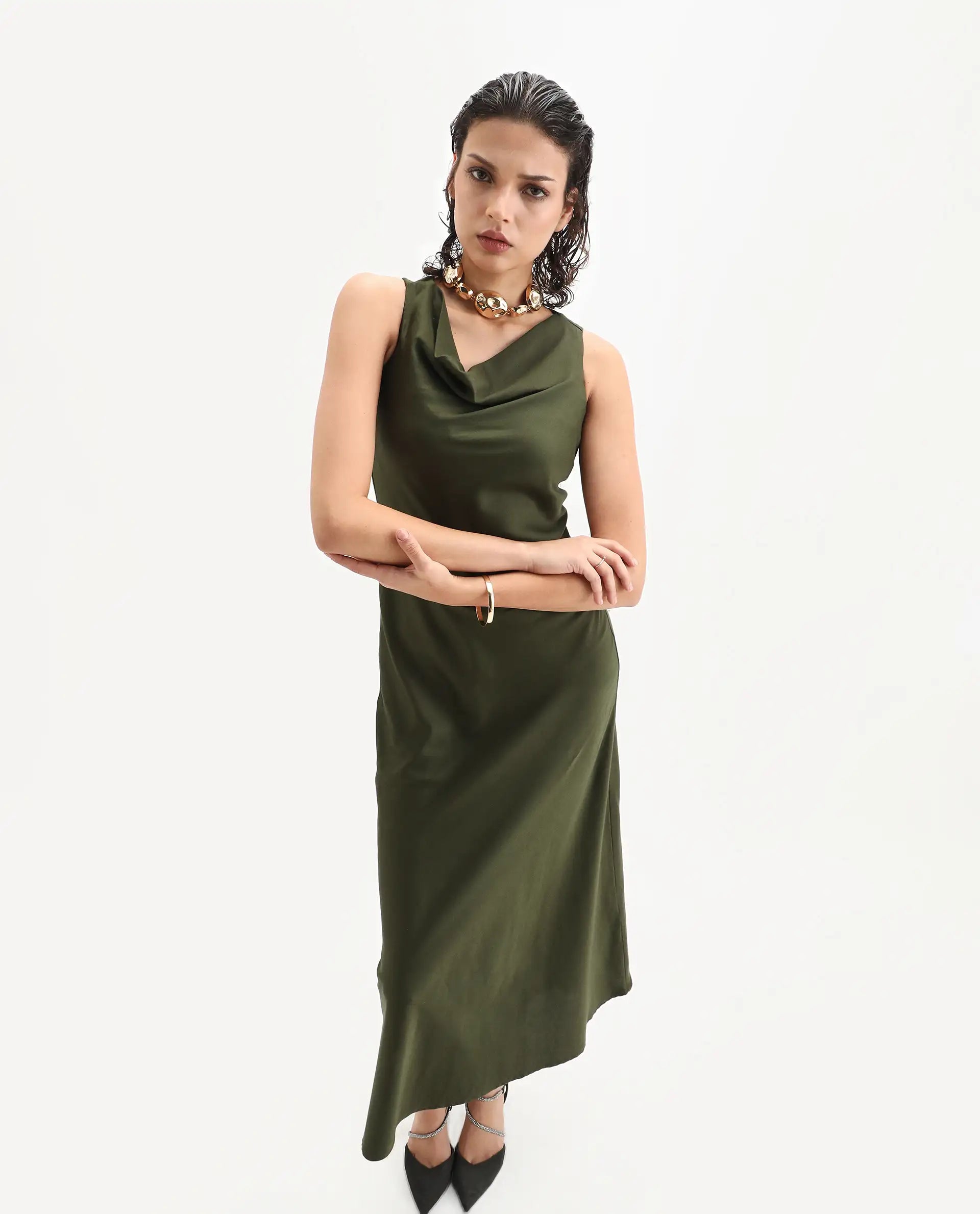 Rareism Women's Jenket Olive Cotton Blend Cowl Fit And Flare Plain Midi Dress