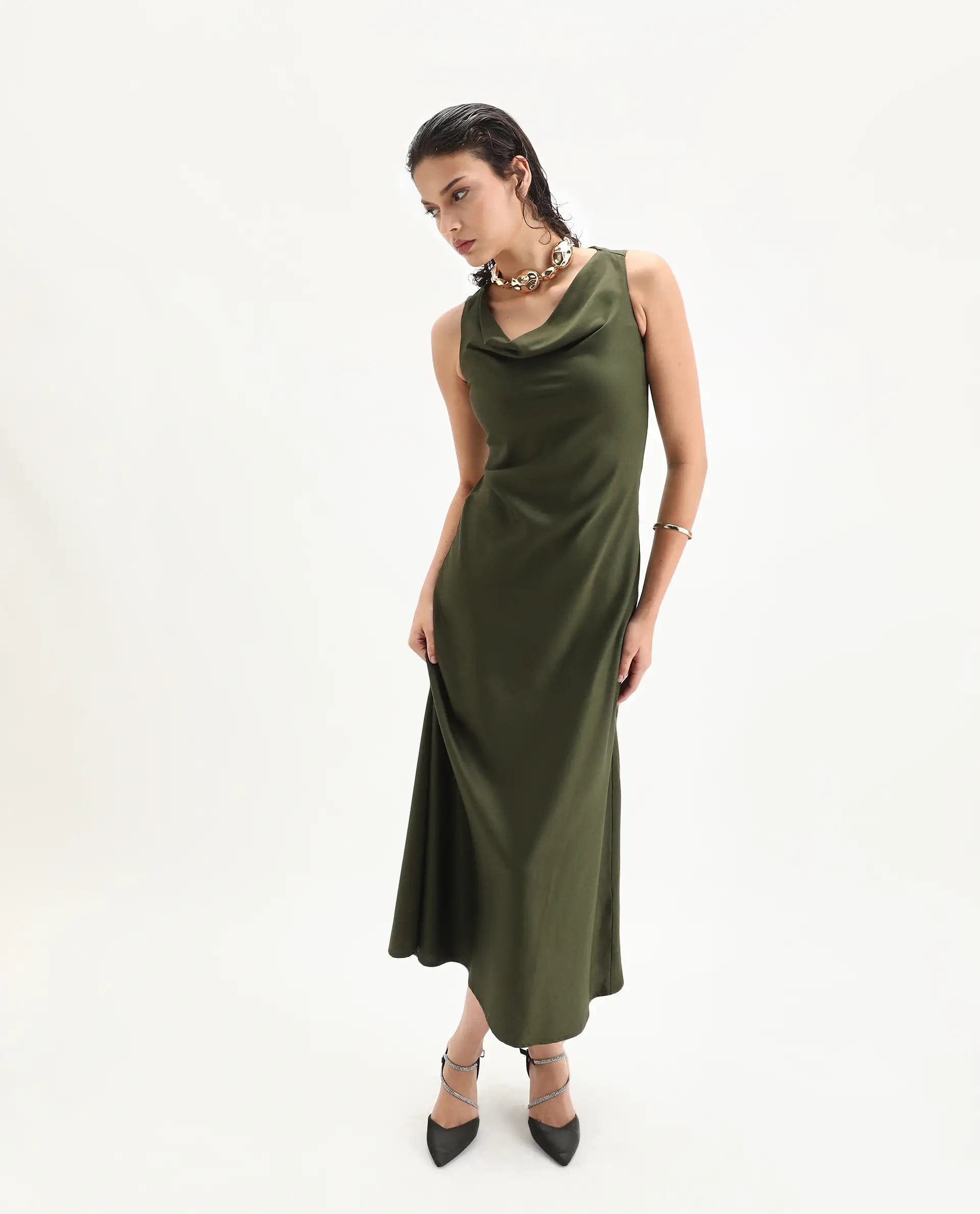 Rareism Women's Jenket Olive Cotton Blend Cowl Fit And Flare Plain Midi Dress