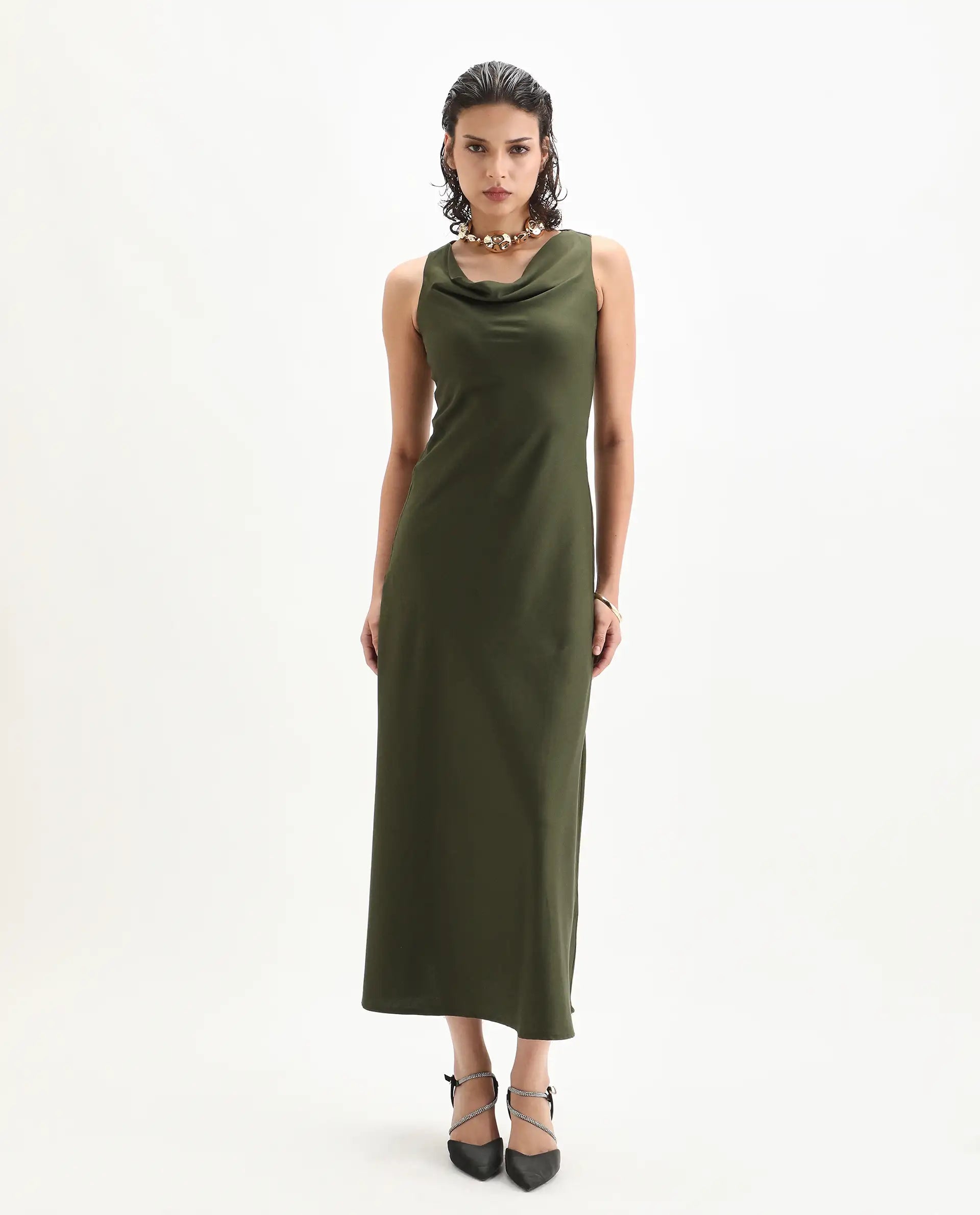 Rareism Women's Jenket Olive Cotton Blend Cowl Fit And Flare Plain Midi Dress