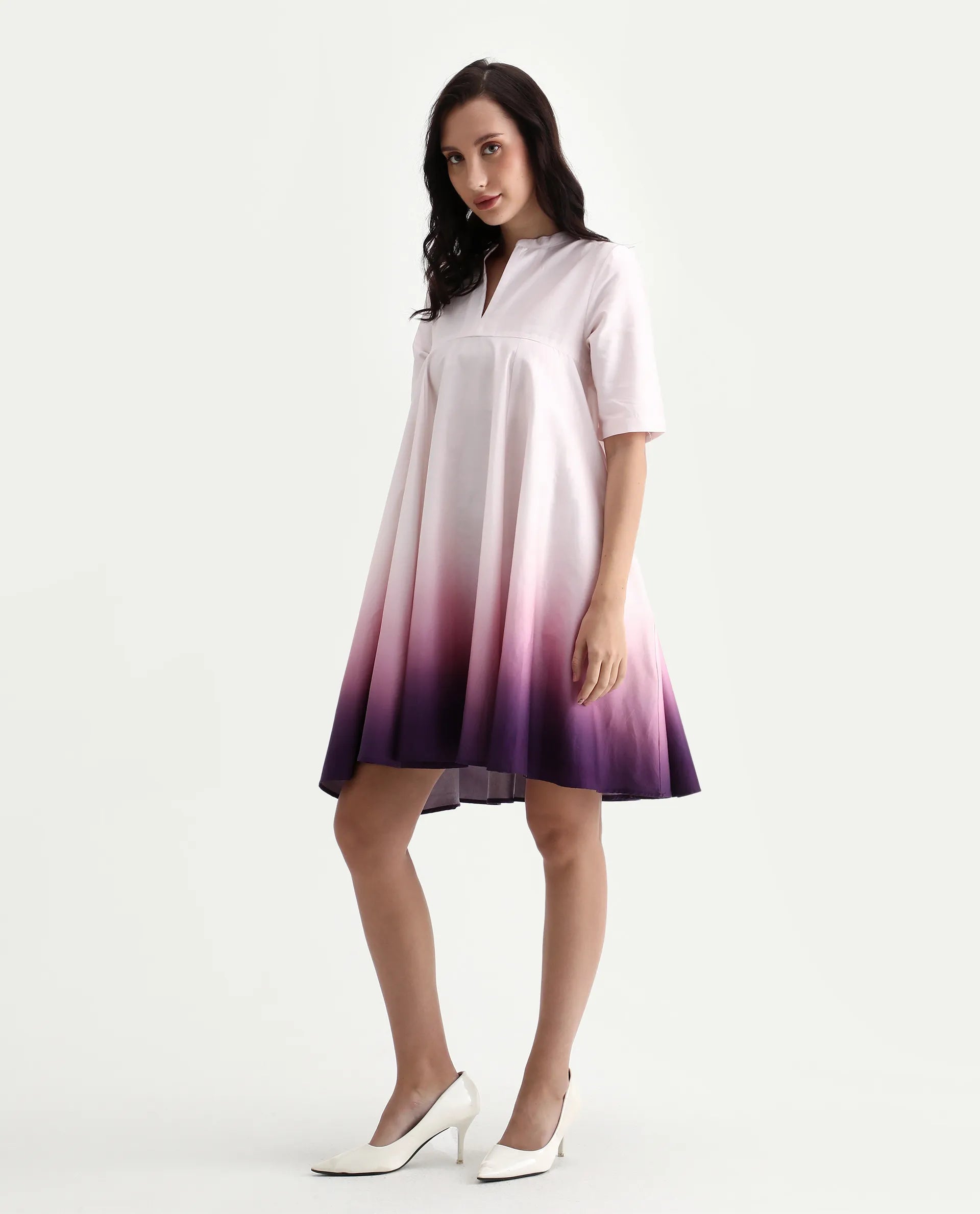 Rareism Women's Jenleo Purple Cotton Mandarin Collar Flared Printed Dress