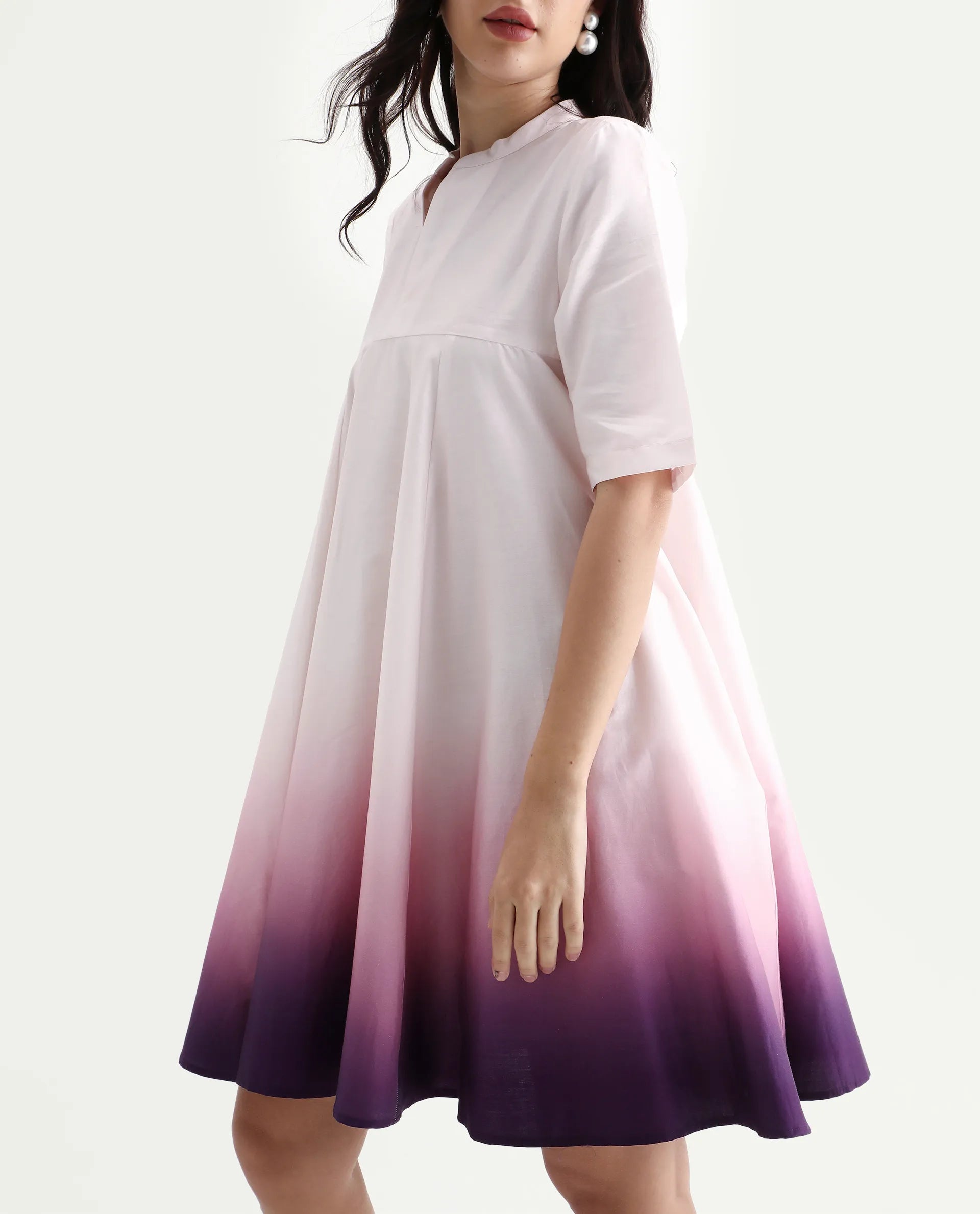 Rareism Women's Jenleo Purple Cotton Mandarin Collar Flared Printed Dress