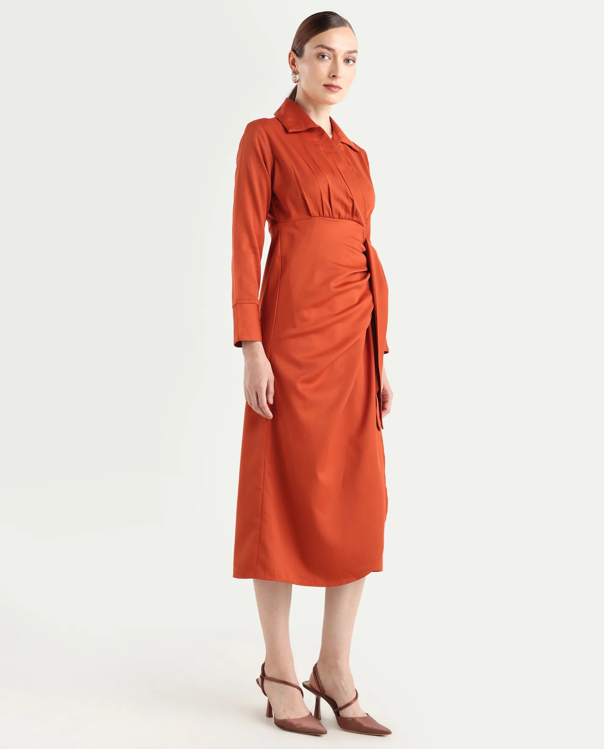 Rareism Women's Jenlin Rust Polyester Blend Full Sleeve Jonny Collar Straight Fit Dress