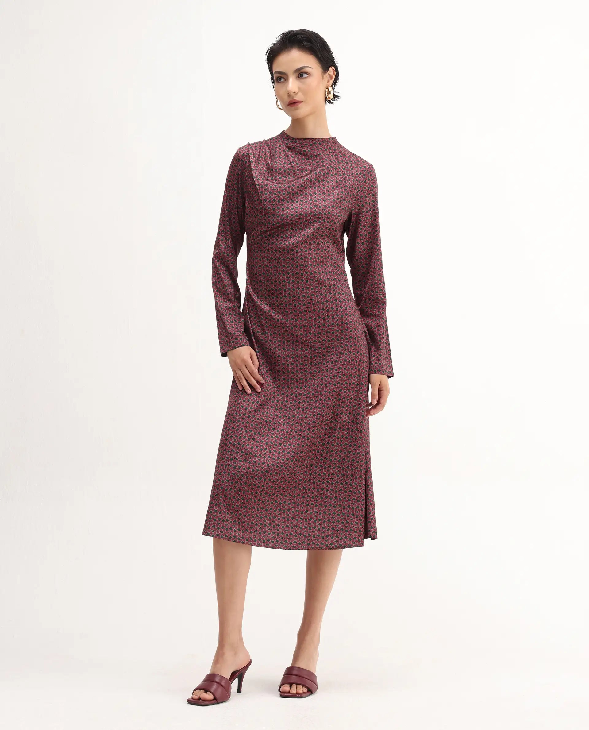 Rareism Women's Jenlio Dark Green Polyester High Neck Fitted Geometric Print Midi Dress