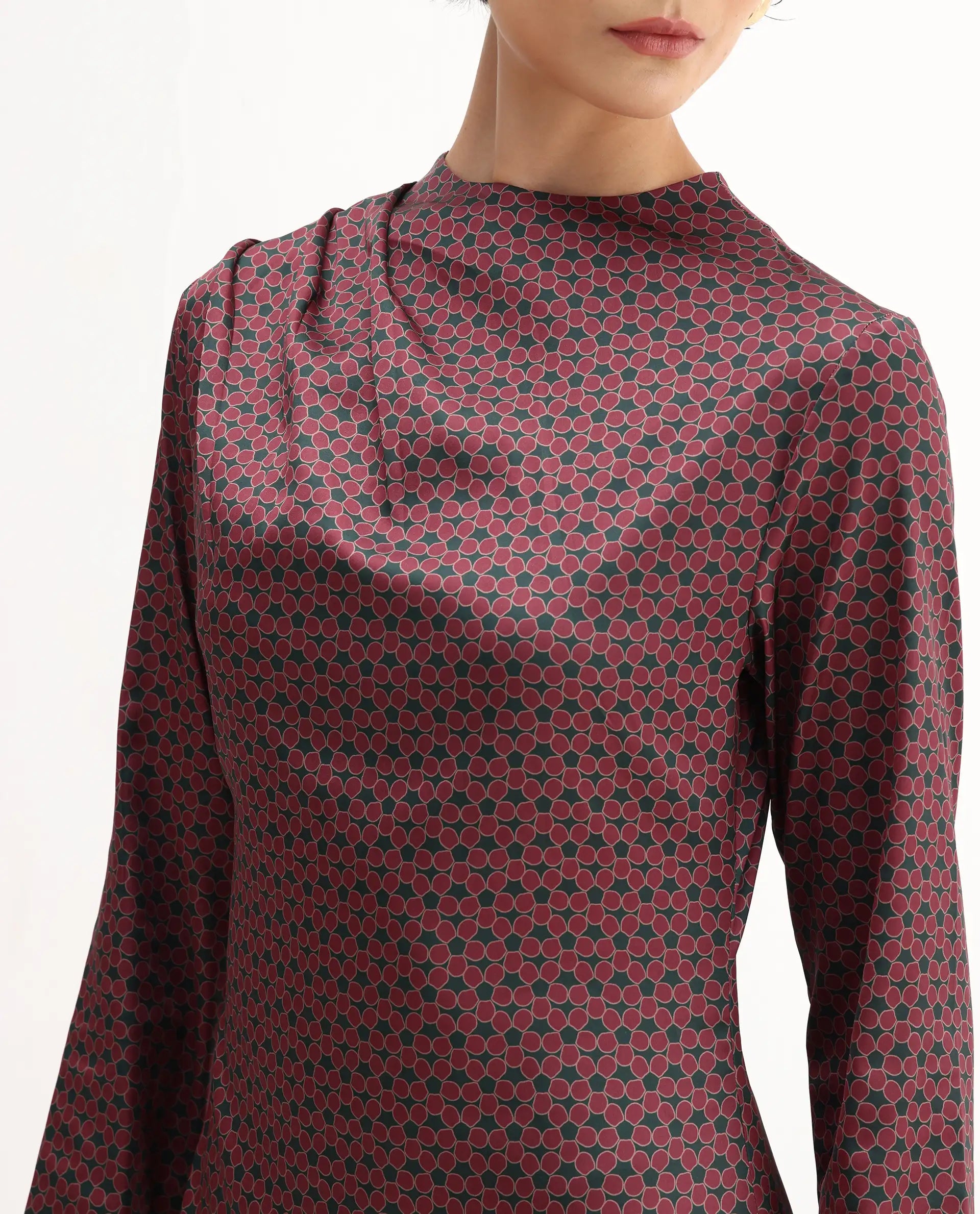 Rareism Women's Jenlio Dark Green Polyester High Neck Fitted Geometric Print Midi Dress