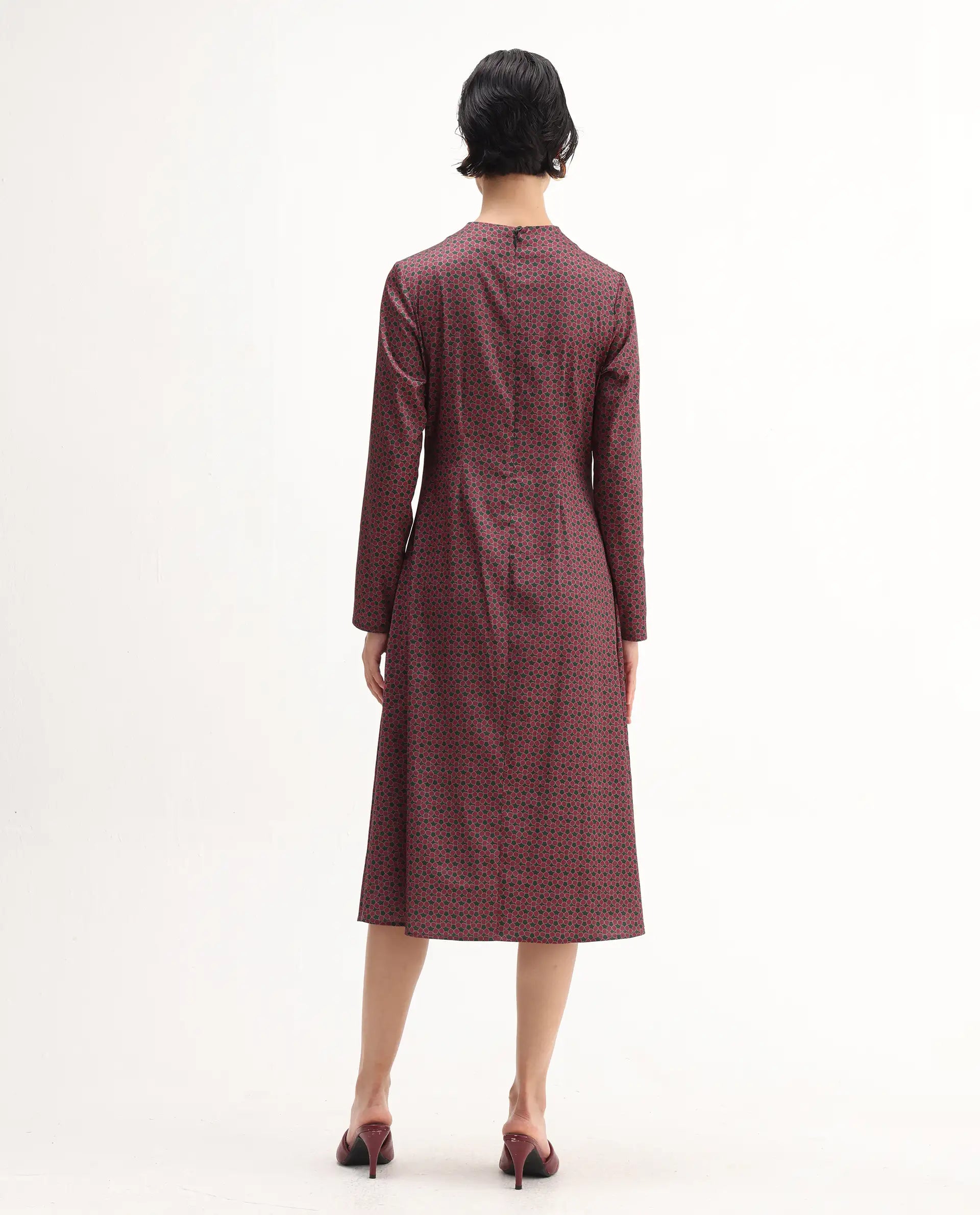 Rareism Women's Jenlio Dark Green Polyester High Neck Fitted Geometric Print Midi Dress