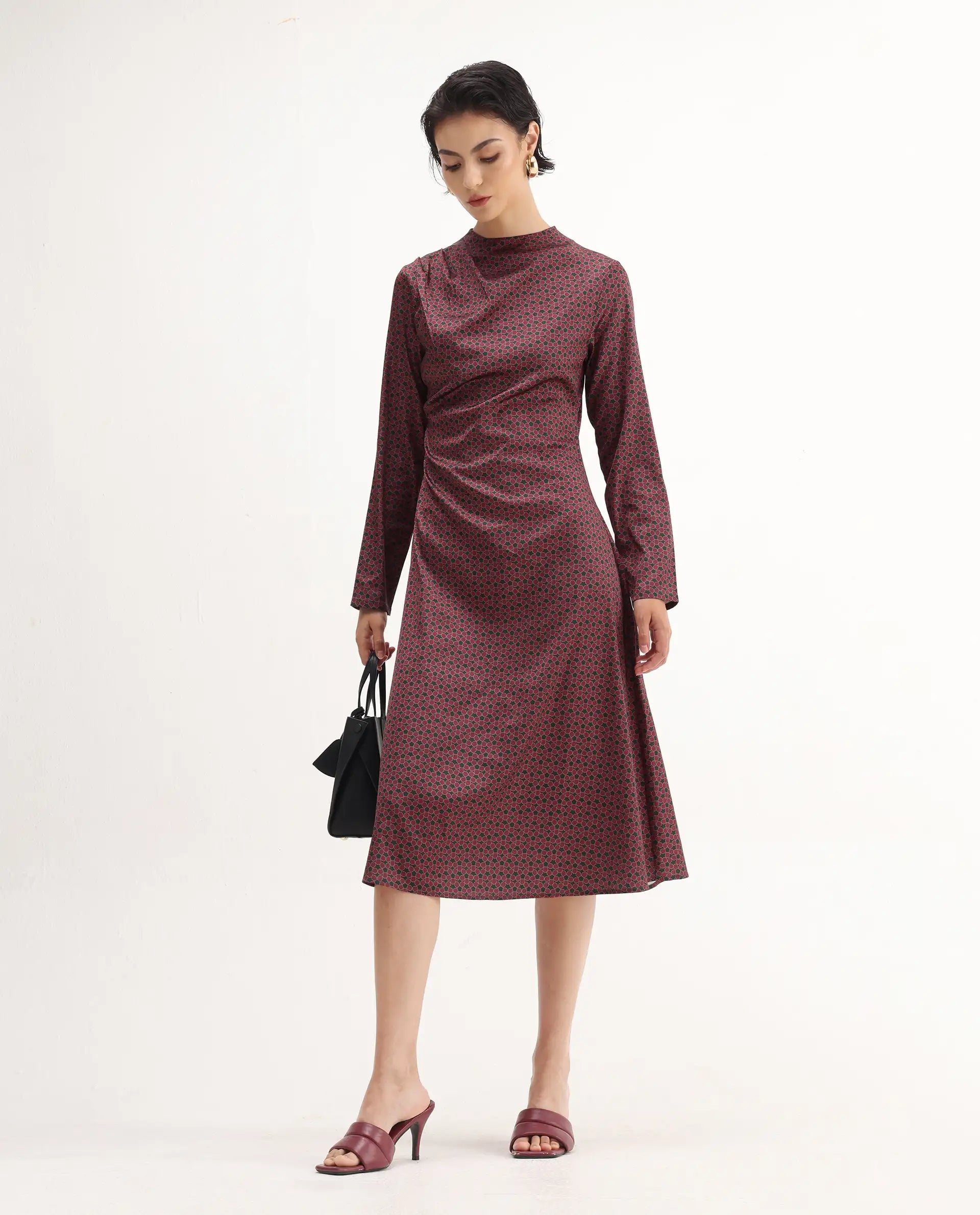 Rareism Women's Jenlio Dark Green Polyester High Neck Fitted Geometric Print Midi Dress