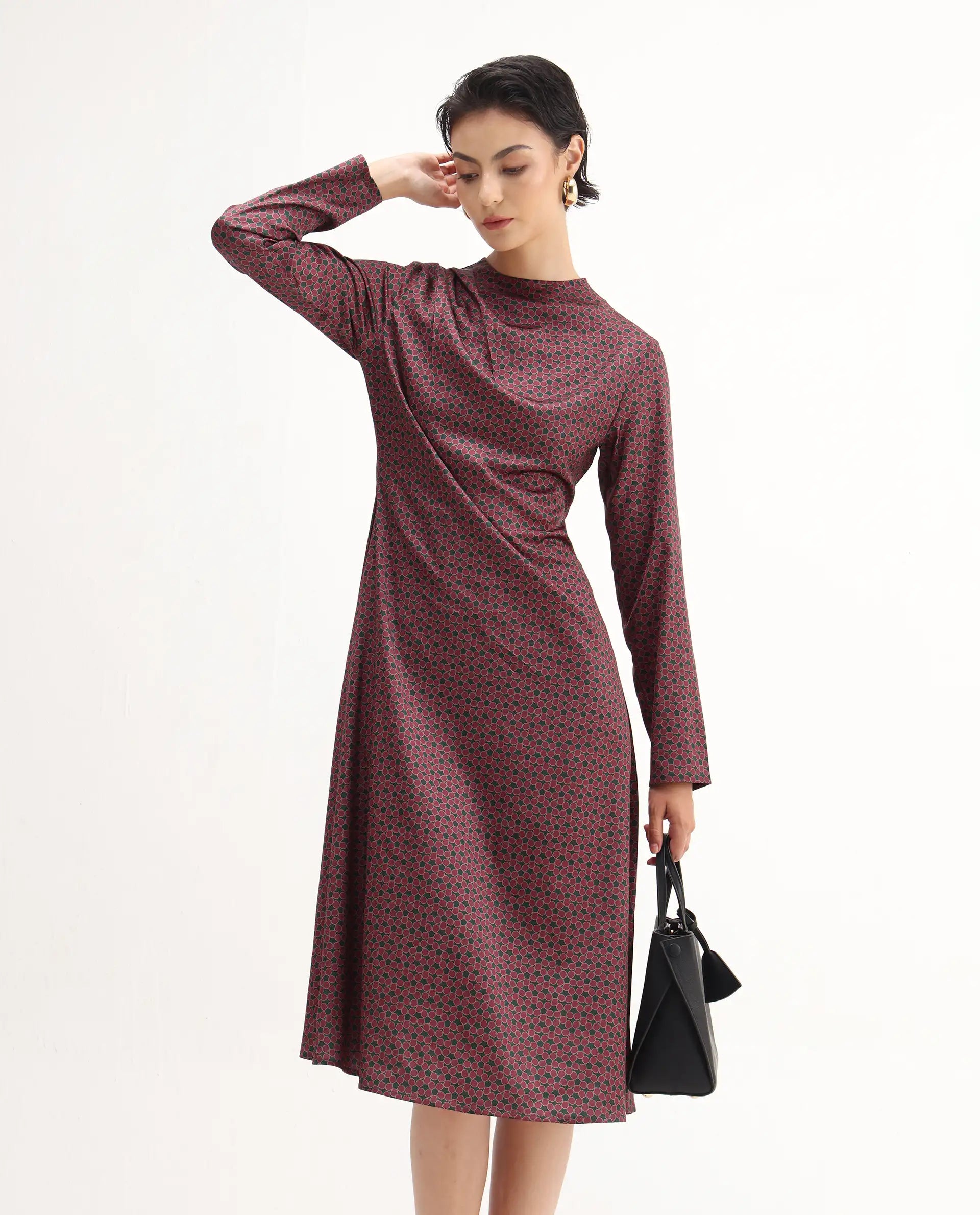 Rareism Women's Jenlio Dark Green Polyester High Neck Fitted Geometric Print Midi Dress