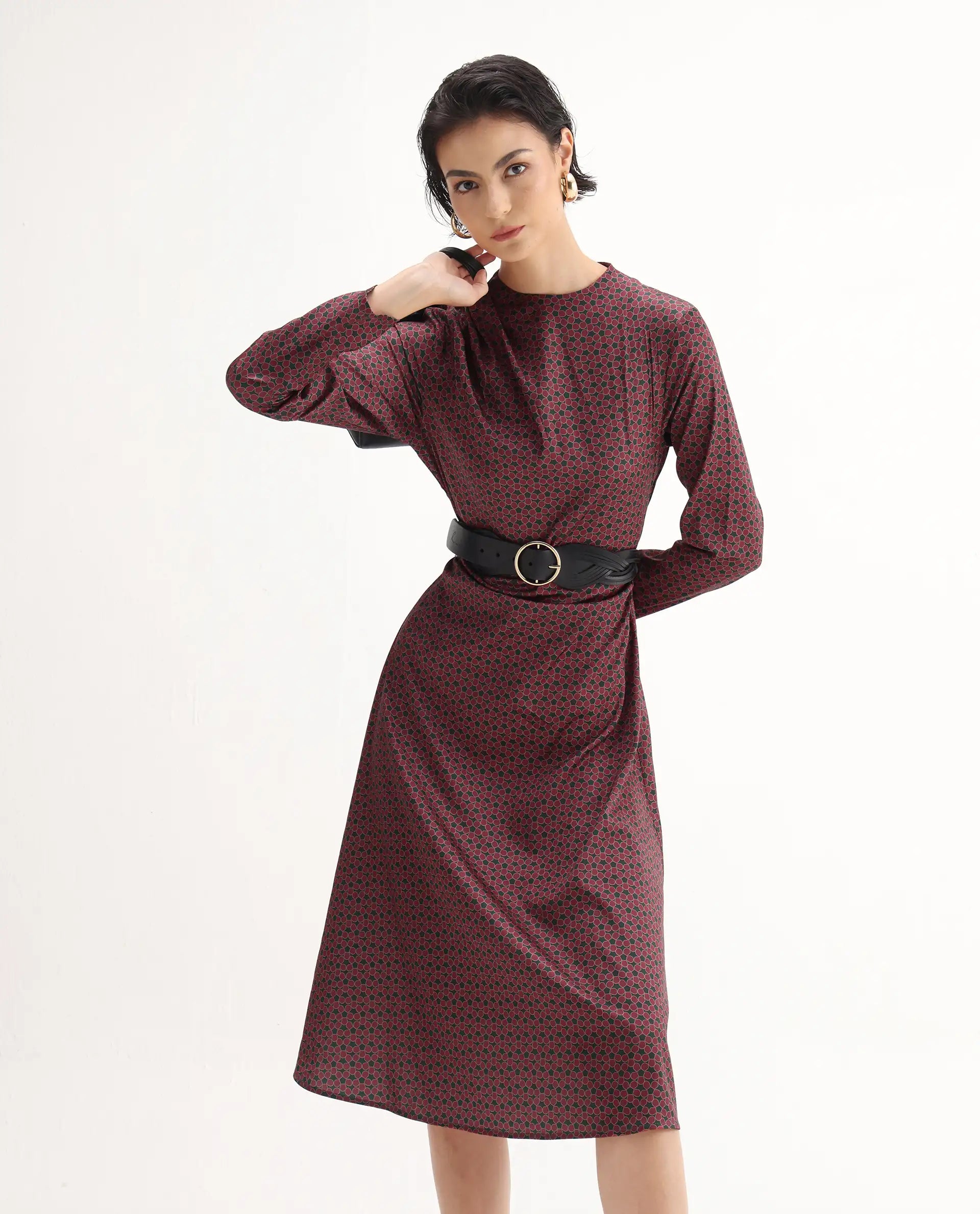 Rareism Women's Jenlio Dark Green Polyester High Neck Fitted Geometric Print Midi Dress