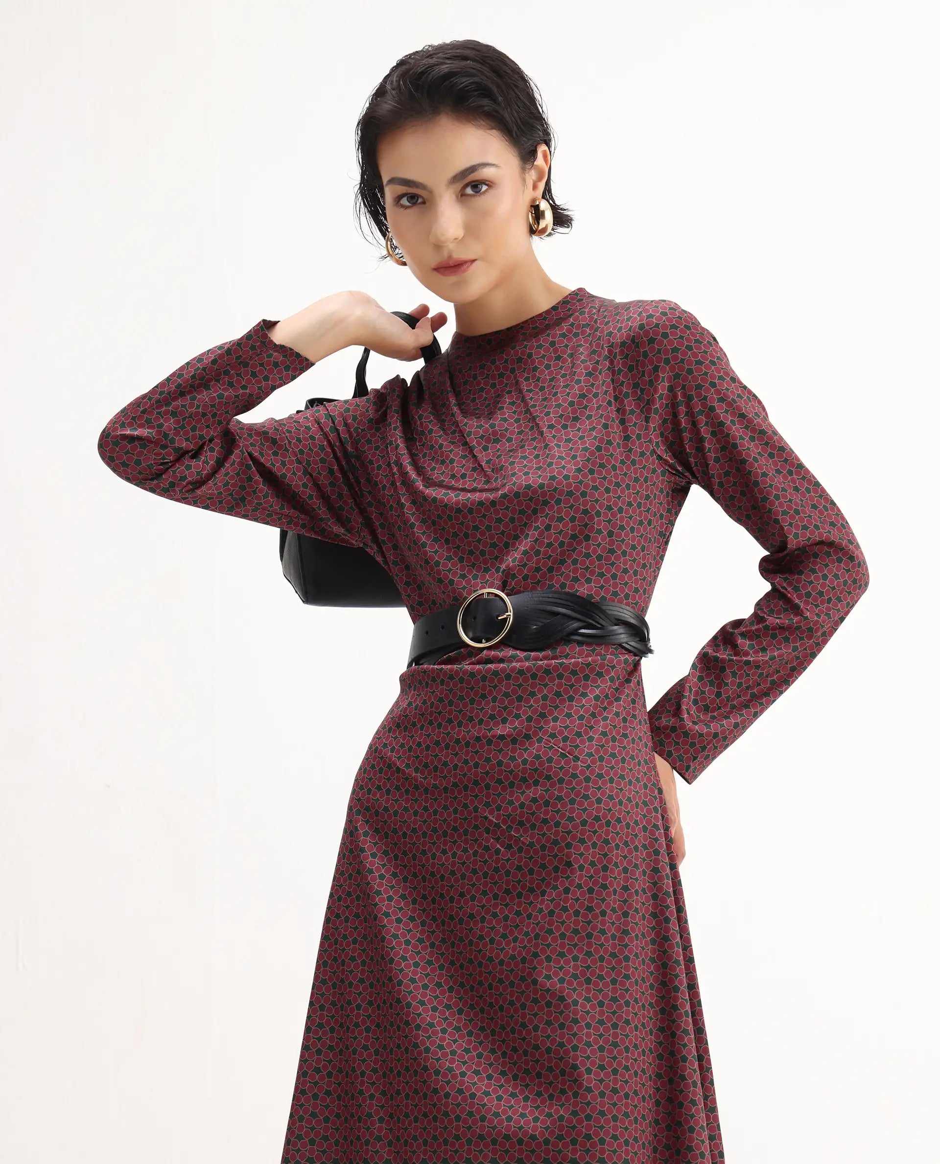 Rareism Women's Jenlio Dark Green Polyester High Neck Fitted Geometric Print Midi Dress