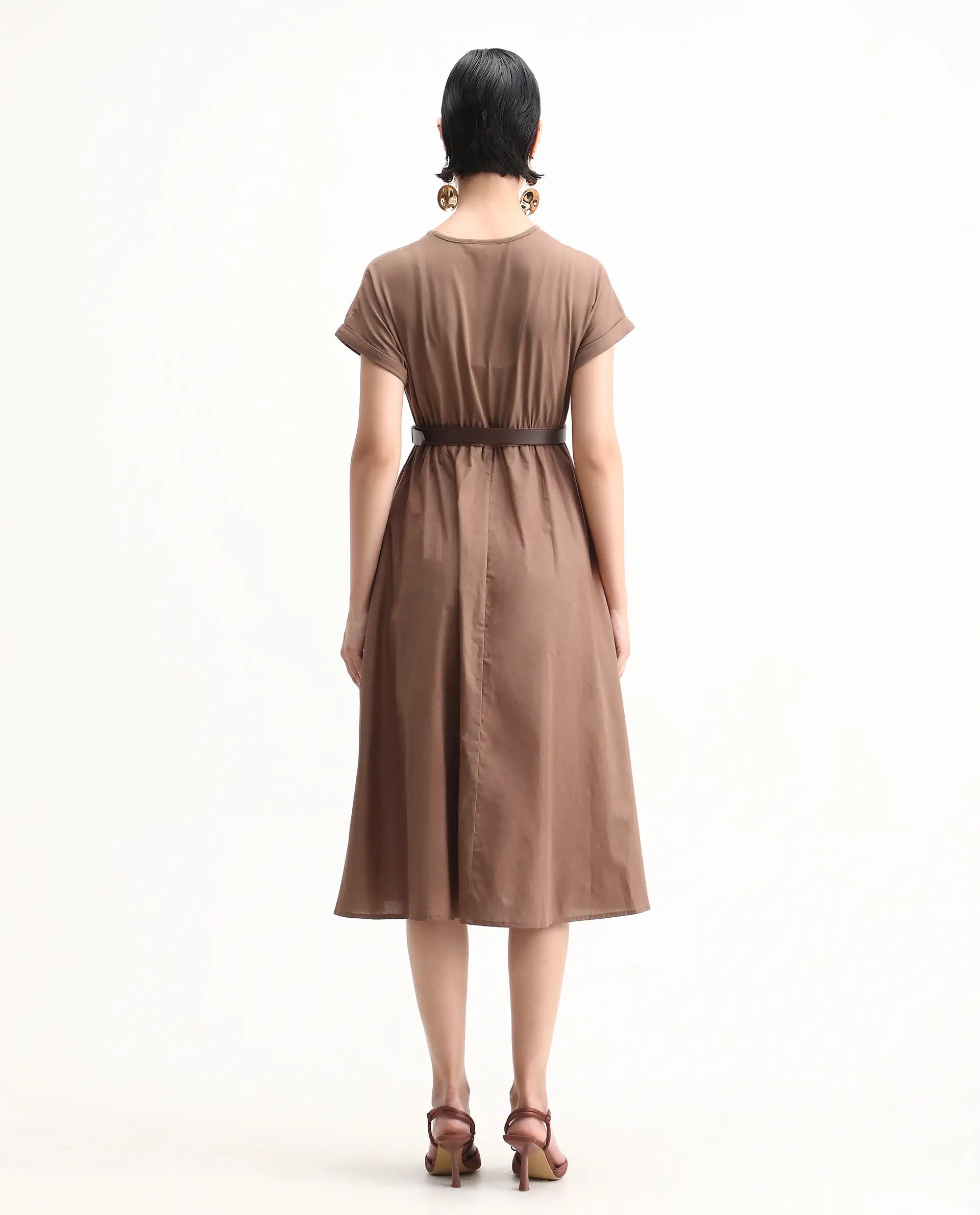 Rareism Women's Jento Brown Cotton Round Neck Fit And Flare Plain Midi Dress
