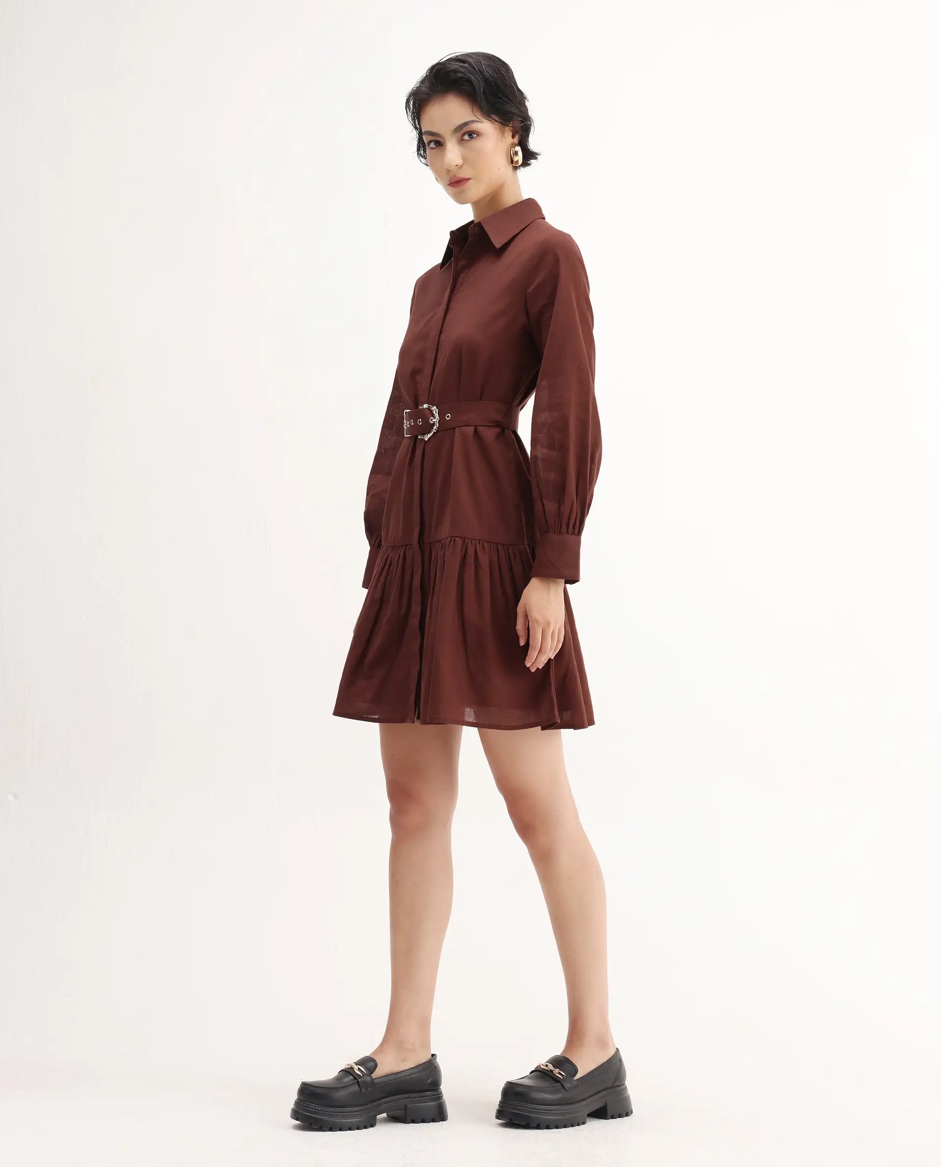 Rareism Women's Jenron Brown Cotton Blend Cuffed Sleeve Collared Neck Flared Fit Plain Dress