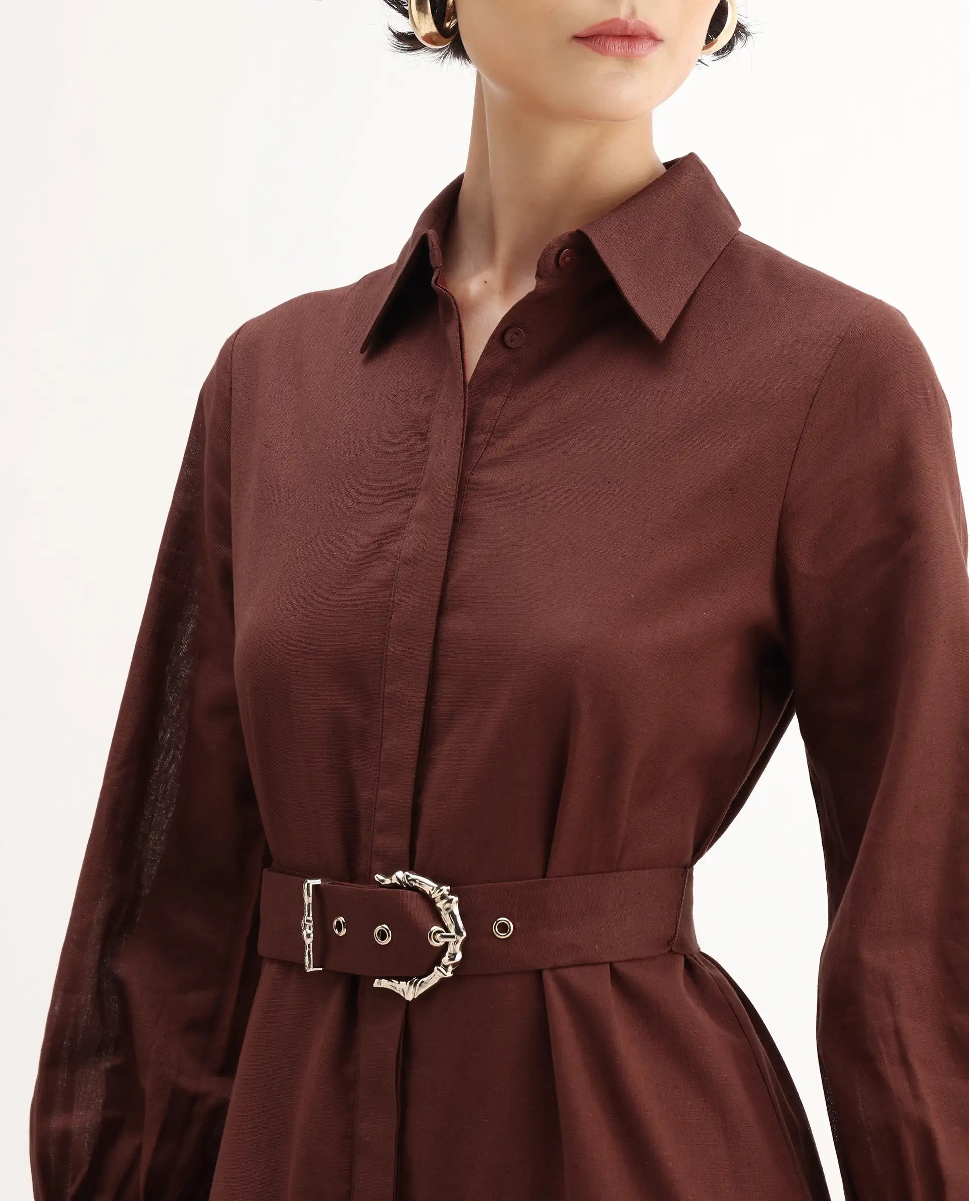 Rareism Women's Jenron Brown Cotton Blend Cuffed Sleeve Collared Neck Flared Fit Plain Dress