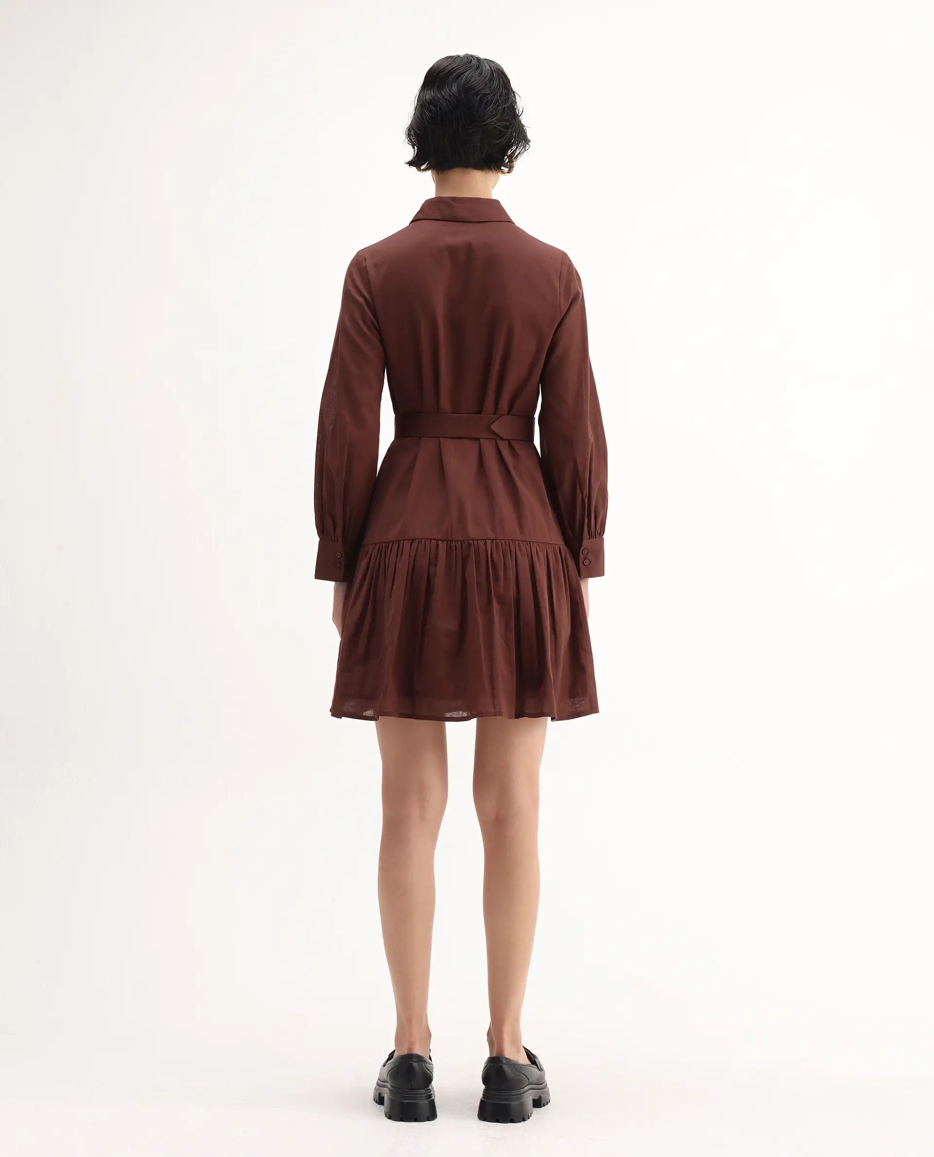 Rareism Women's Jenron Brown Cotton Blend Cuffed Sleeve Collared Neck Flared Fit Plain Dress