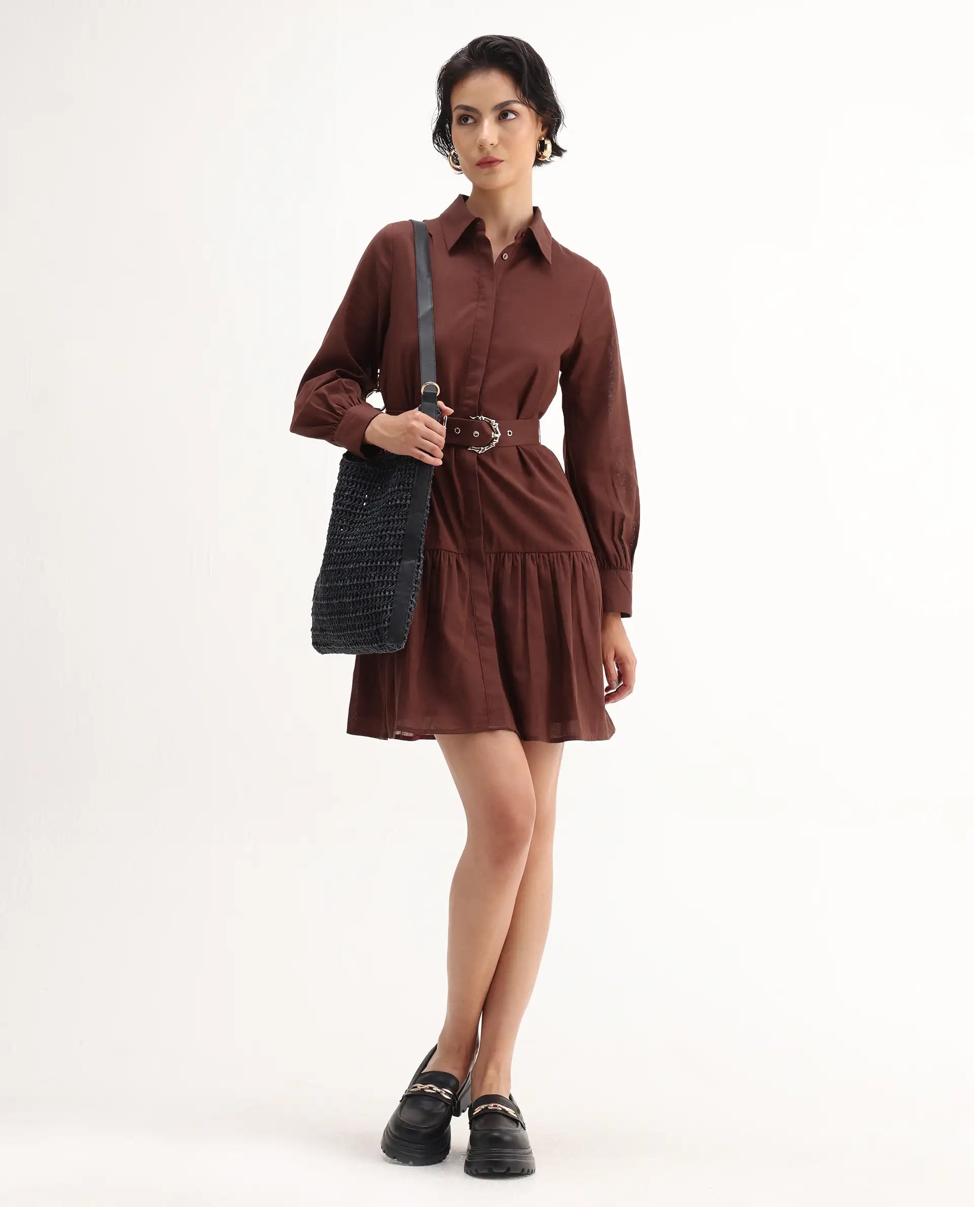 Rareism Women's Jenron Brown Cotton Blend Cuffed Sleeve Collared Neck Flared Fit Plain Dress