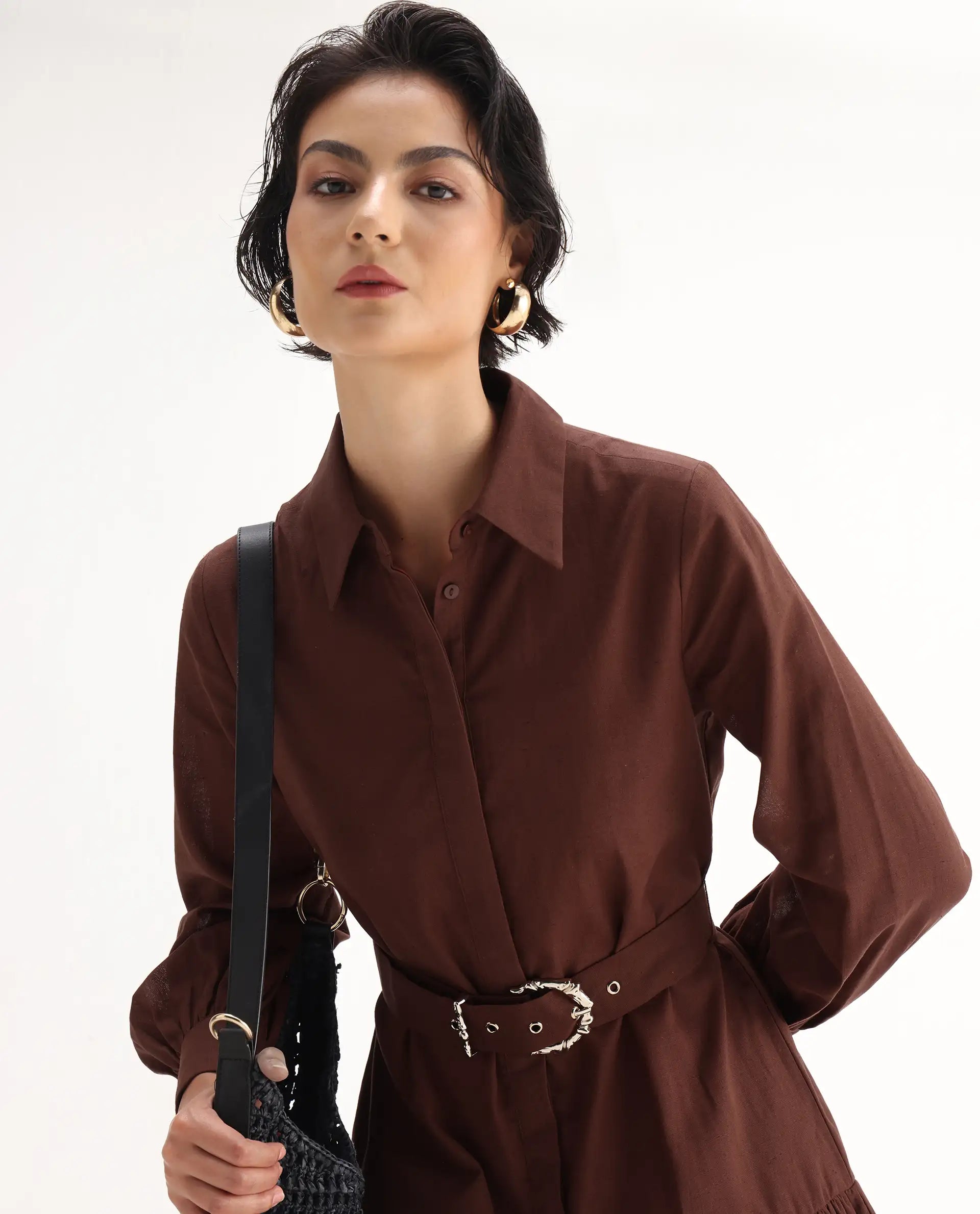 Rareism Women's Jenron Brown Cotton Blend Cuffed Sleeve Collared Neck Flared Fit Plain Dress