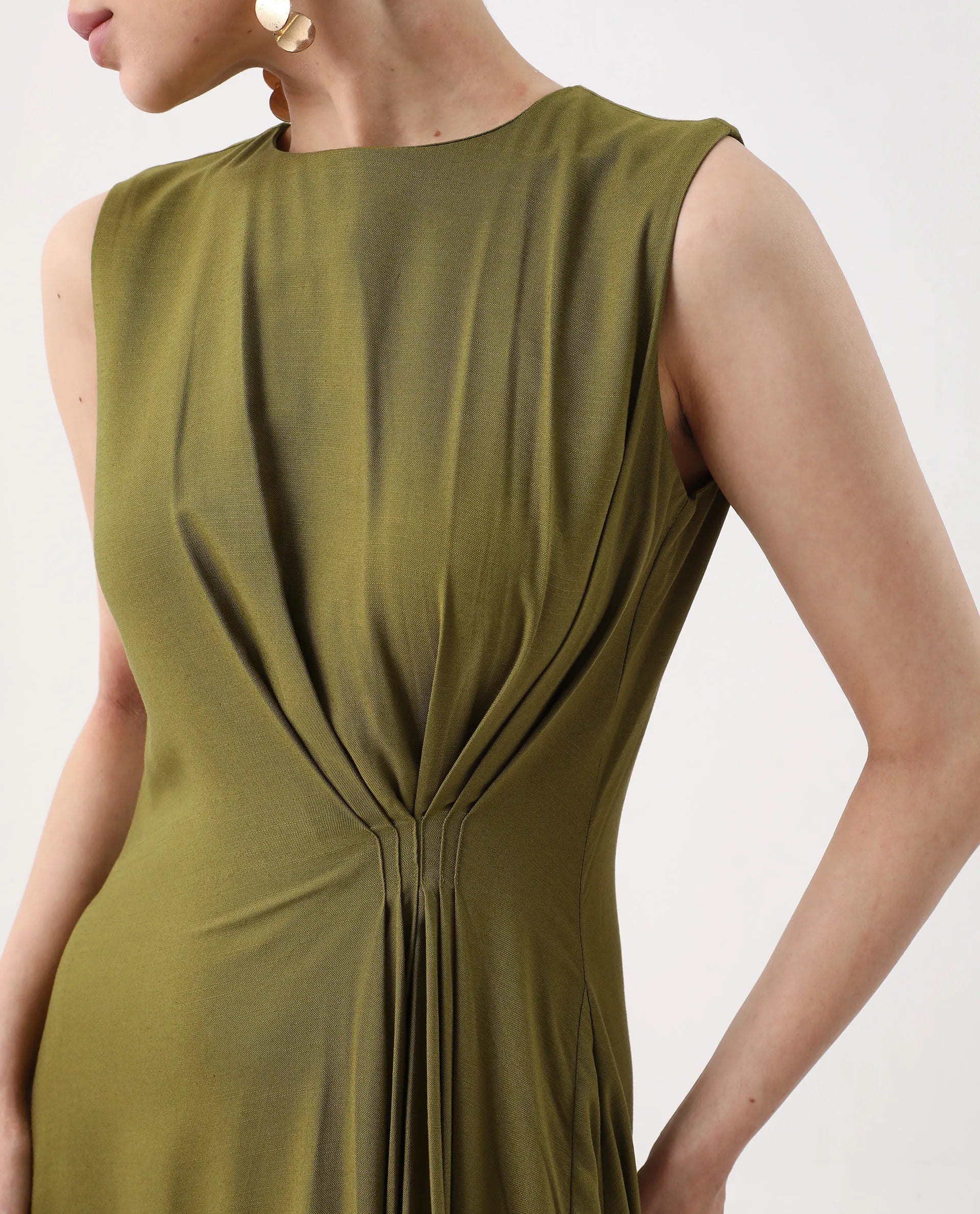 Rareism Women's Jensero Olive Viscose Round Neck Fit And Flare Plain Dress