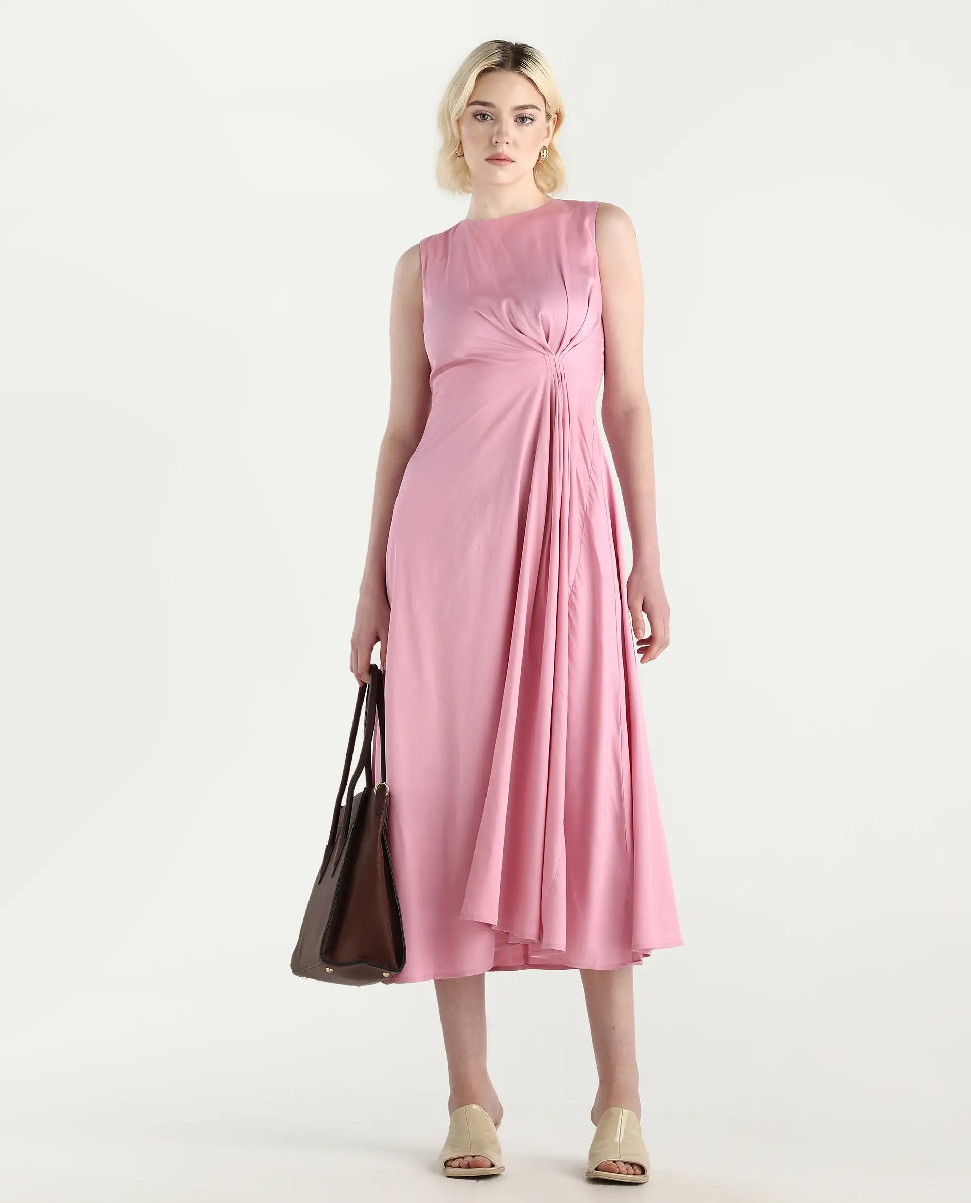 Rareism Women's Jensero Pink Dusky Viscose Sleeveless Round Neck Fit And Flare Fit Plain Dress