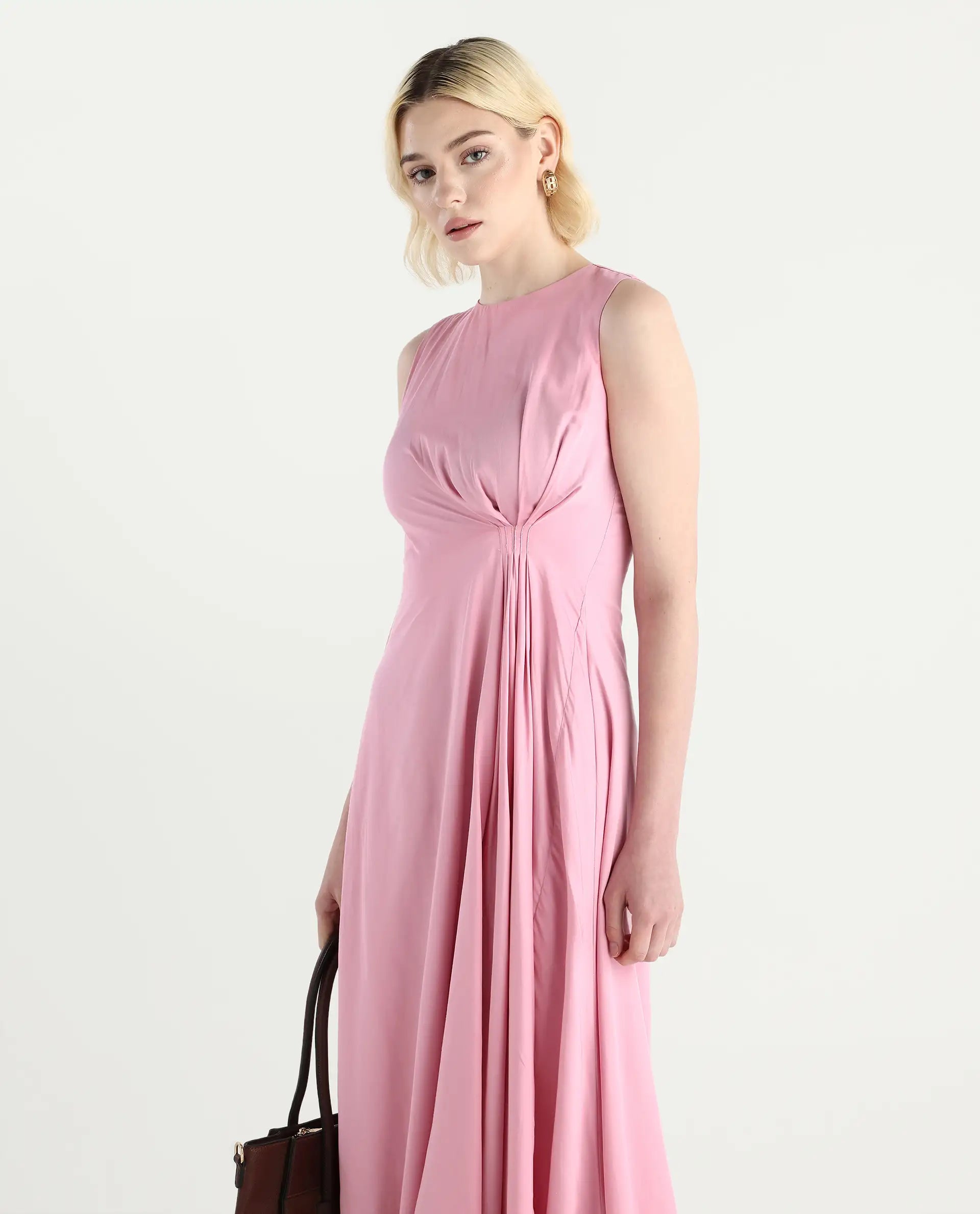 Rareism Women's Jensero Pink Dusky Viscose Sleeveless Round Neck Fit And Flare Fit Plain Dress