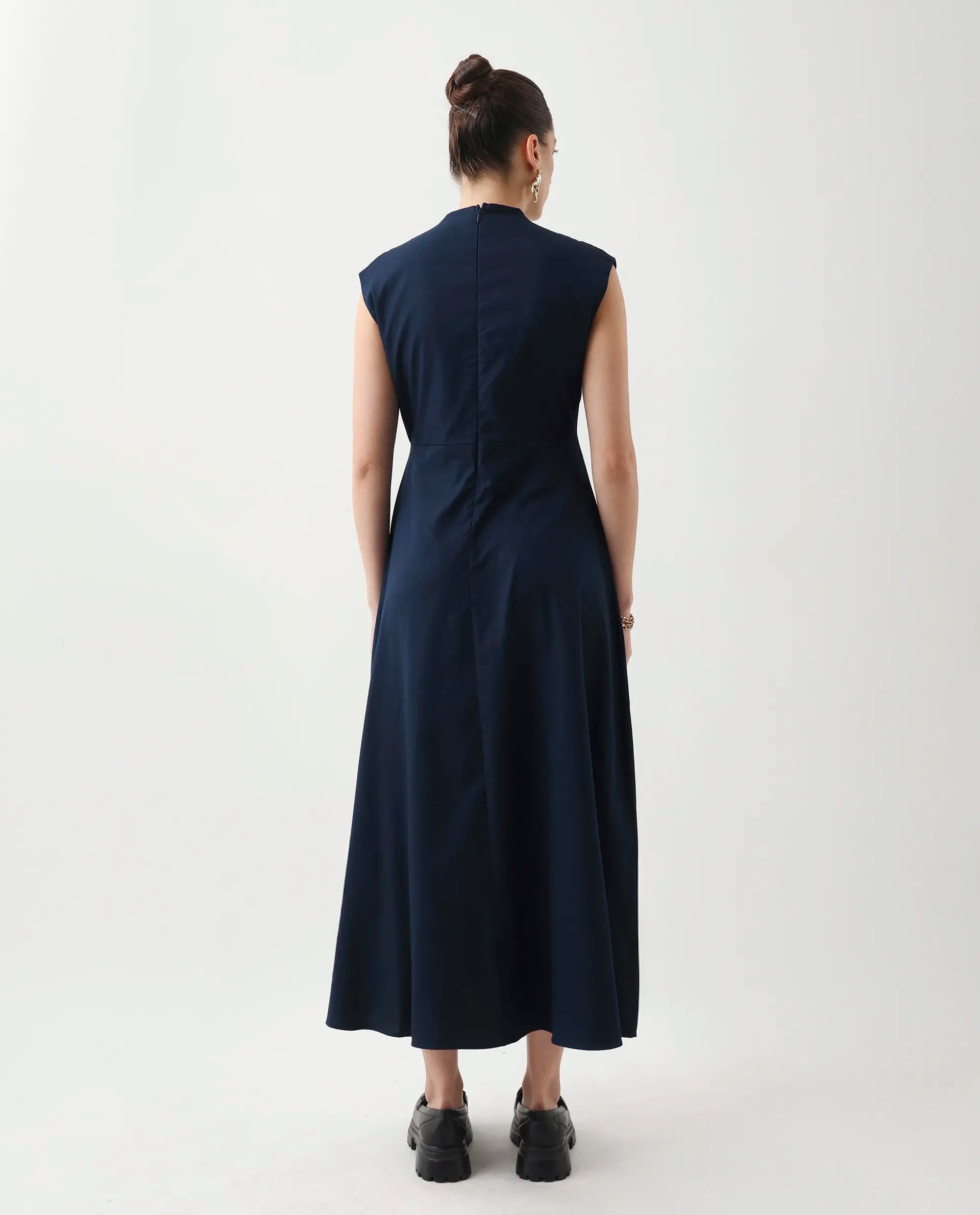 Rareism Women's Jenshi Navy Cotton Blend V-Neck Fit And Flare Plain Dress