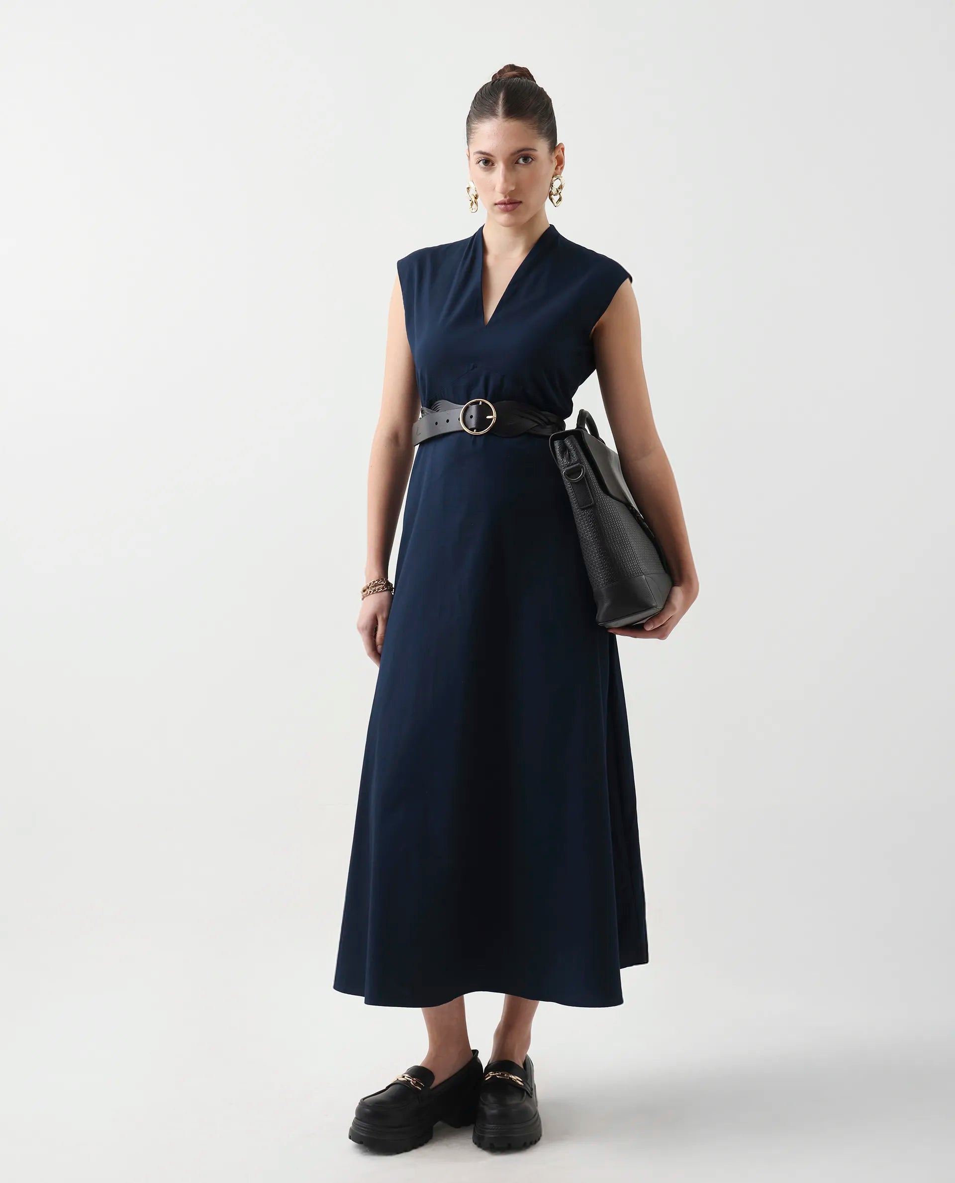 Rareism Women's Jenshi Navy Cotton Blend V-Neck Fit And Flare Plain Dress