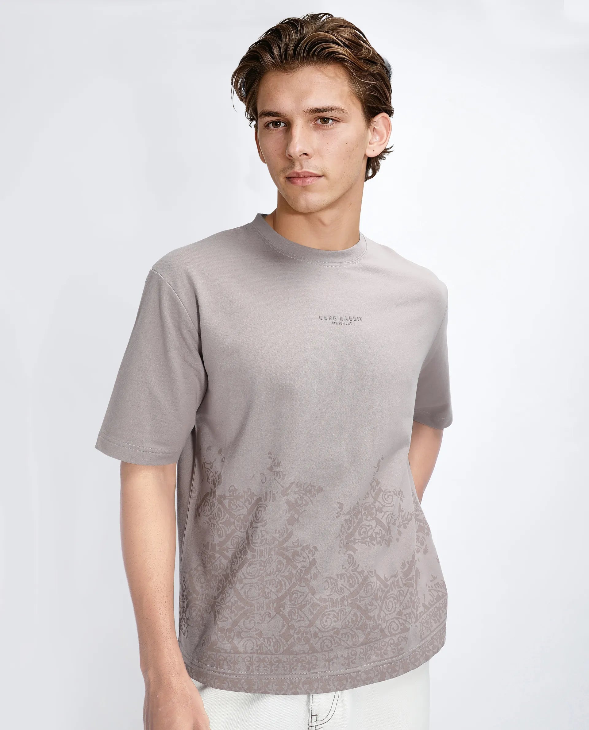 Rare Rabbit Men's Jent Grey Cotton Graphic Print Oversized Fit Half Sleeve Crew Neck T-Shirt