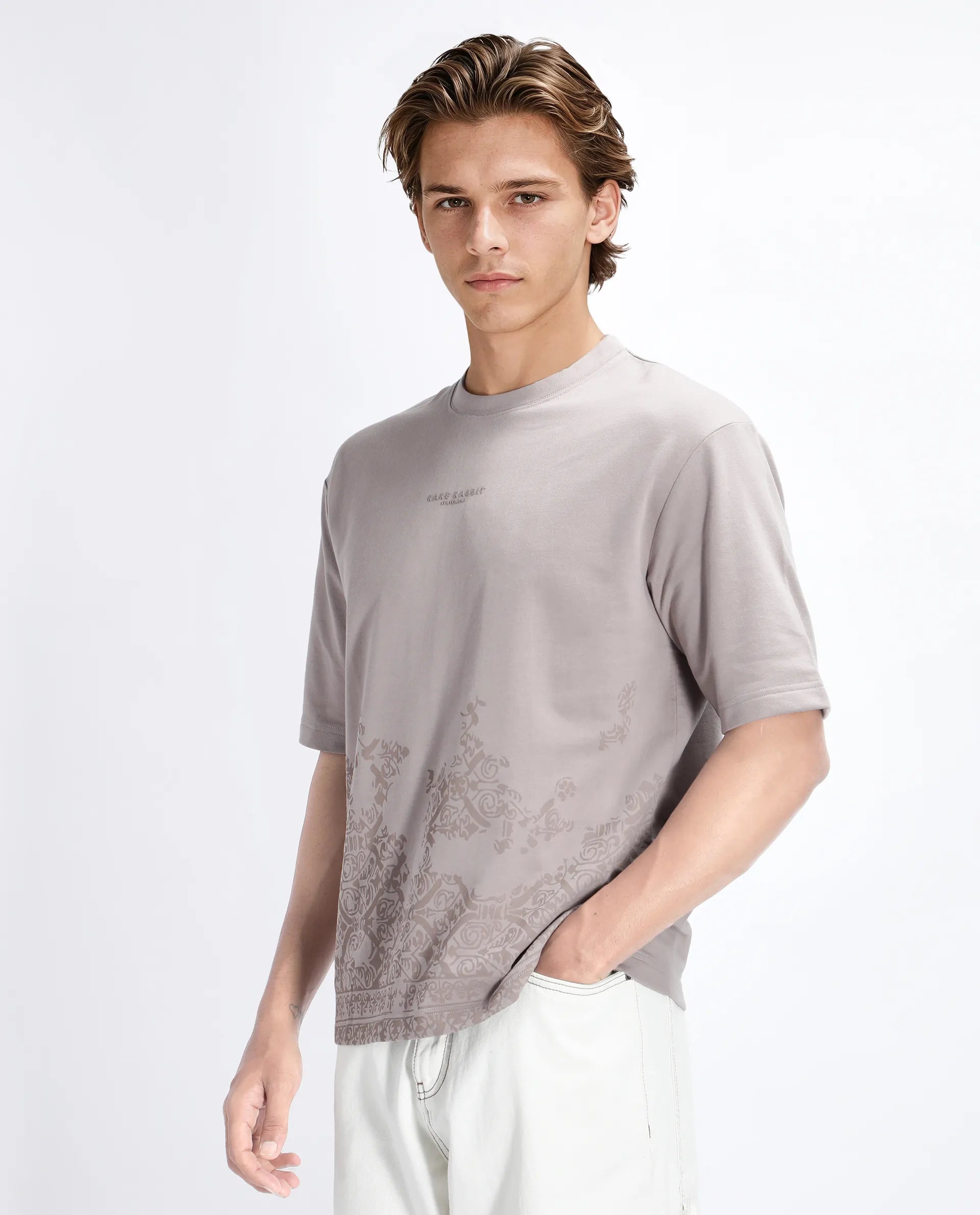 Rare Rabbit Men's Jent Grey Cotton Graphic Print Oversized Fit Half Sleeve Crew Neck T-Shirt