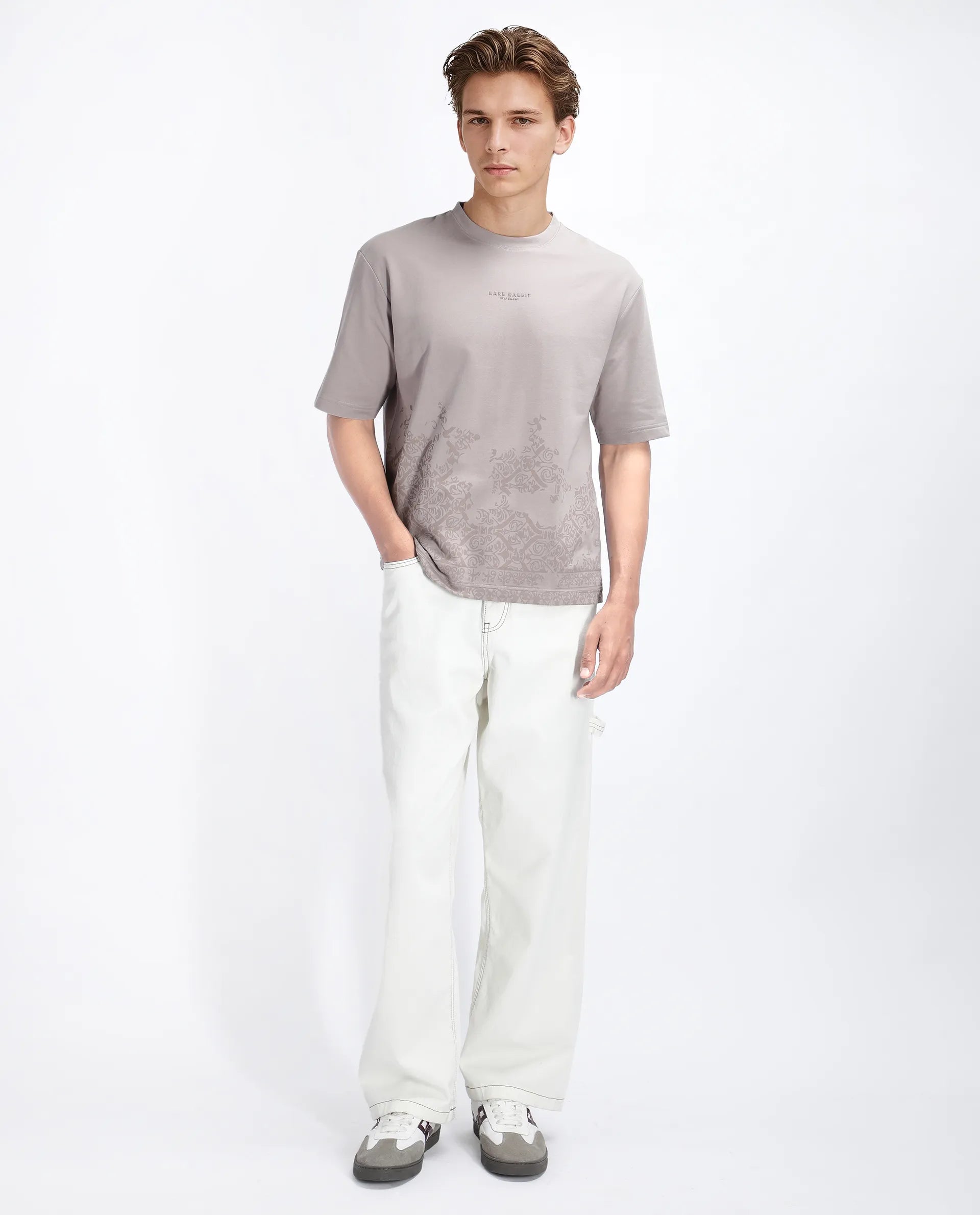 Rare Rabbit Men's Jent Grey Cotton Graphic Print Oversized Fit Half Sleeve Crew Neck T-Shirt
