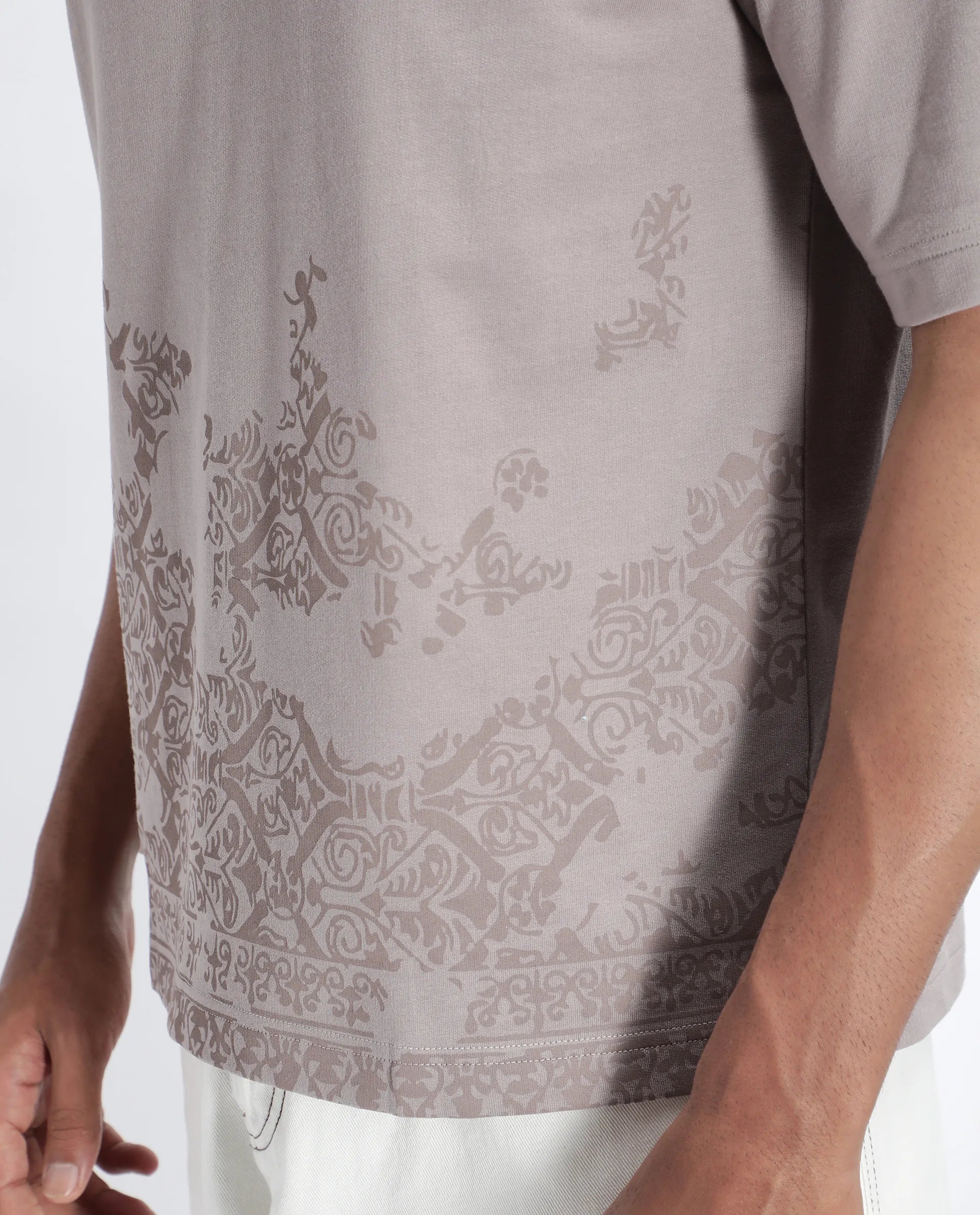 Rare Rabbit Men's Jent Grey Cotton Graphic Print Oversized Fit Half Sleeve Crew Neck T-Shirt