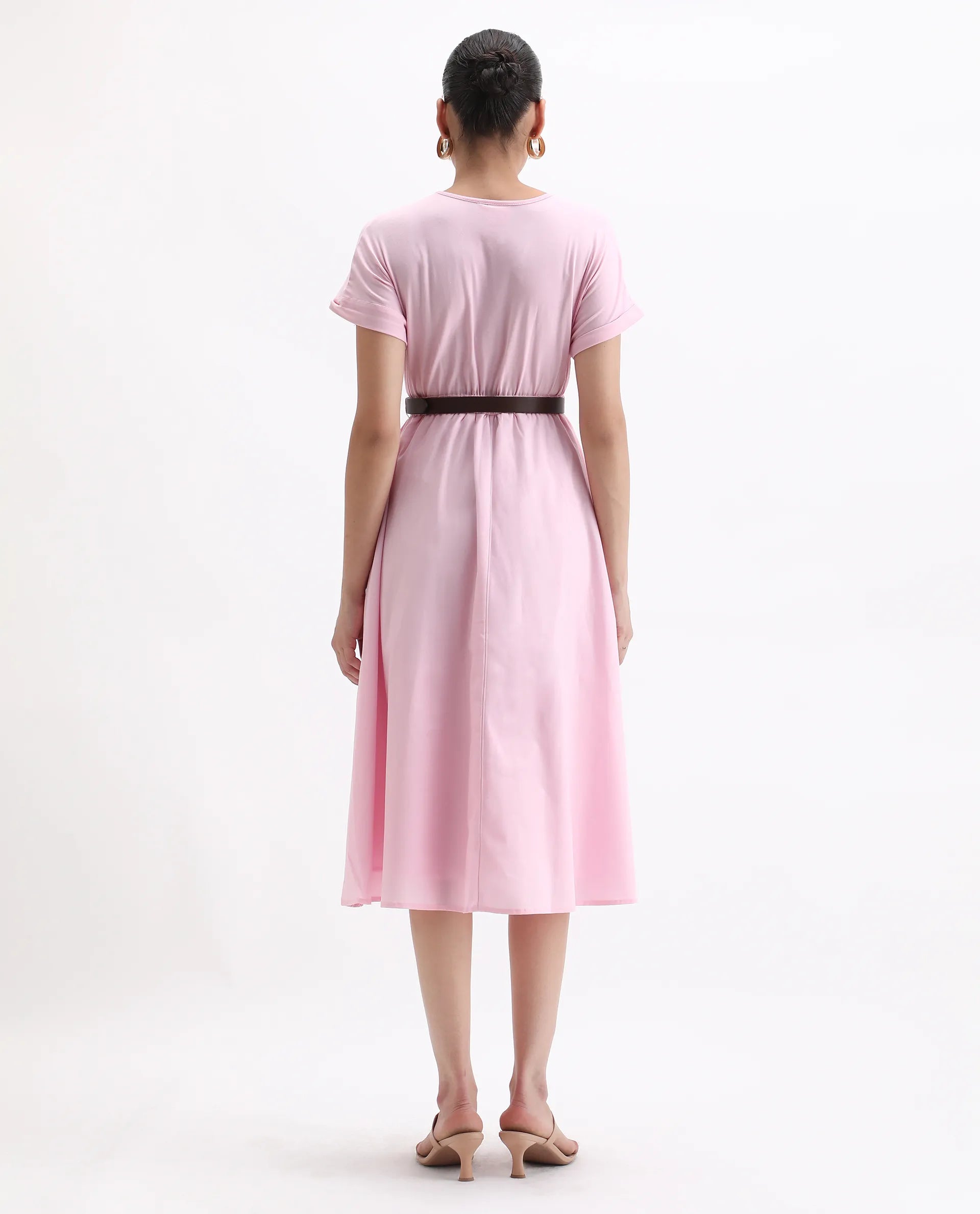 Rareism Women's Jento Pink Cotton Crew Neck Fit And Flare Dress