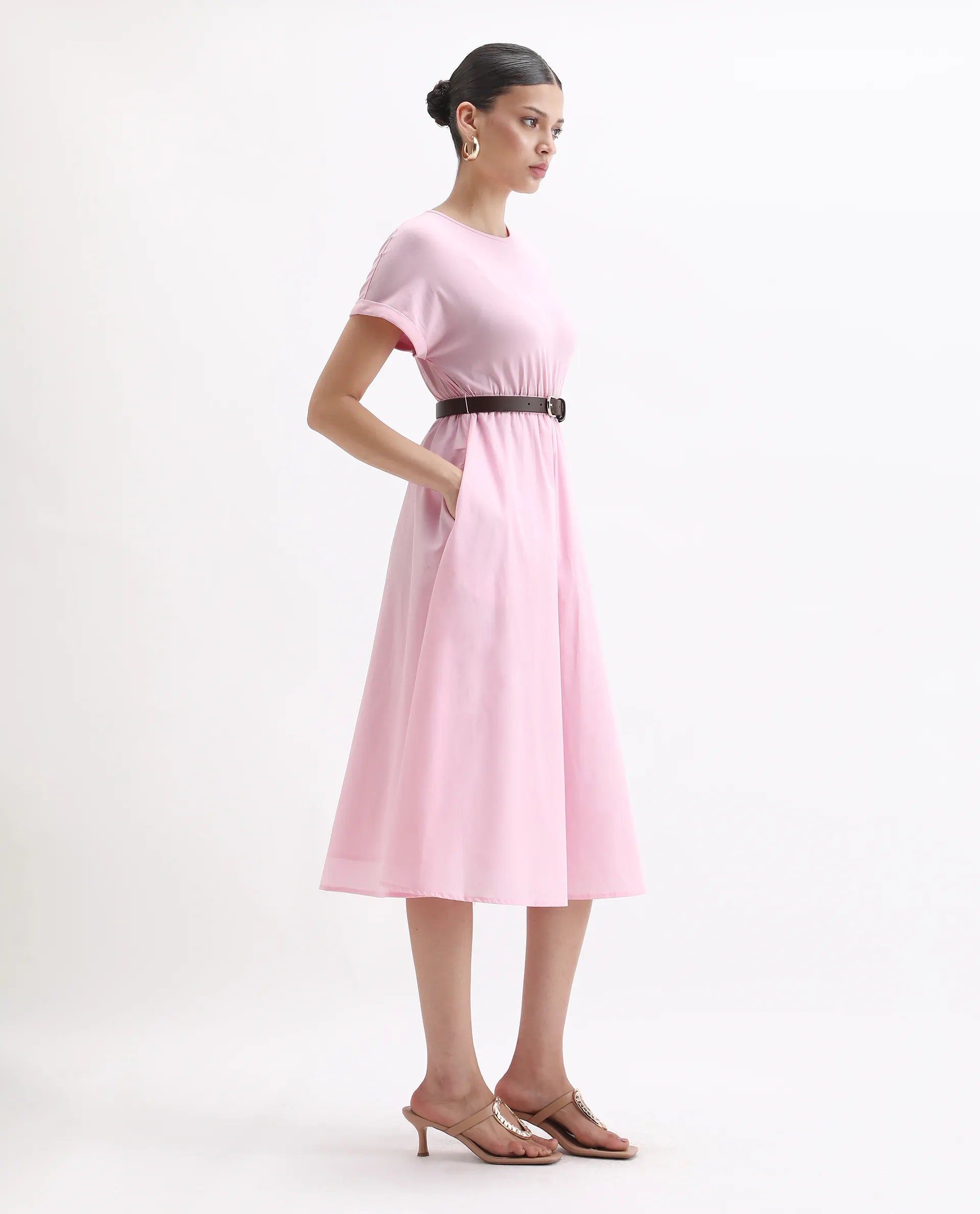 Rareism Women's Jento Pink Cotton Crew Neck Fit And Flare Dress