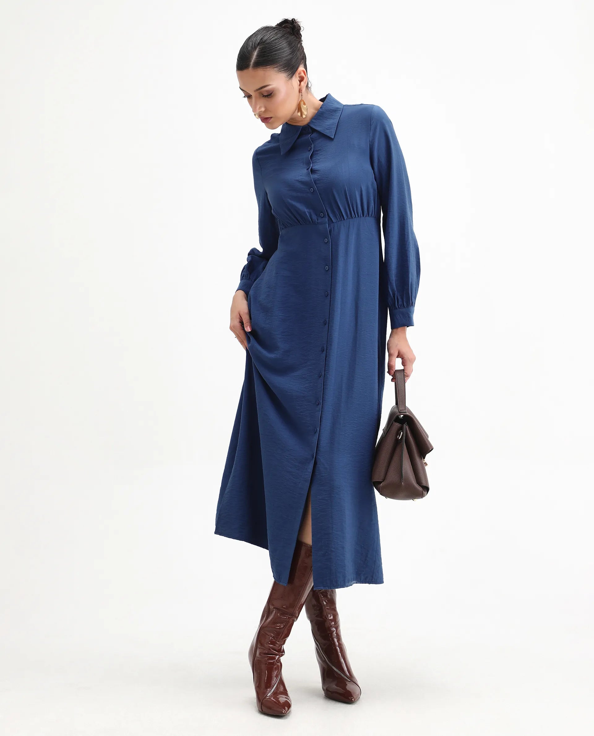 Rareism Women's Jenzif Blue Viscose Blend Collared Neck A-Line Plain Dress