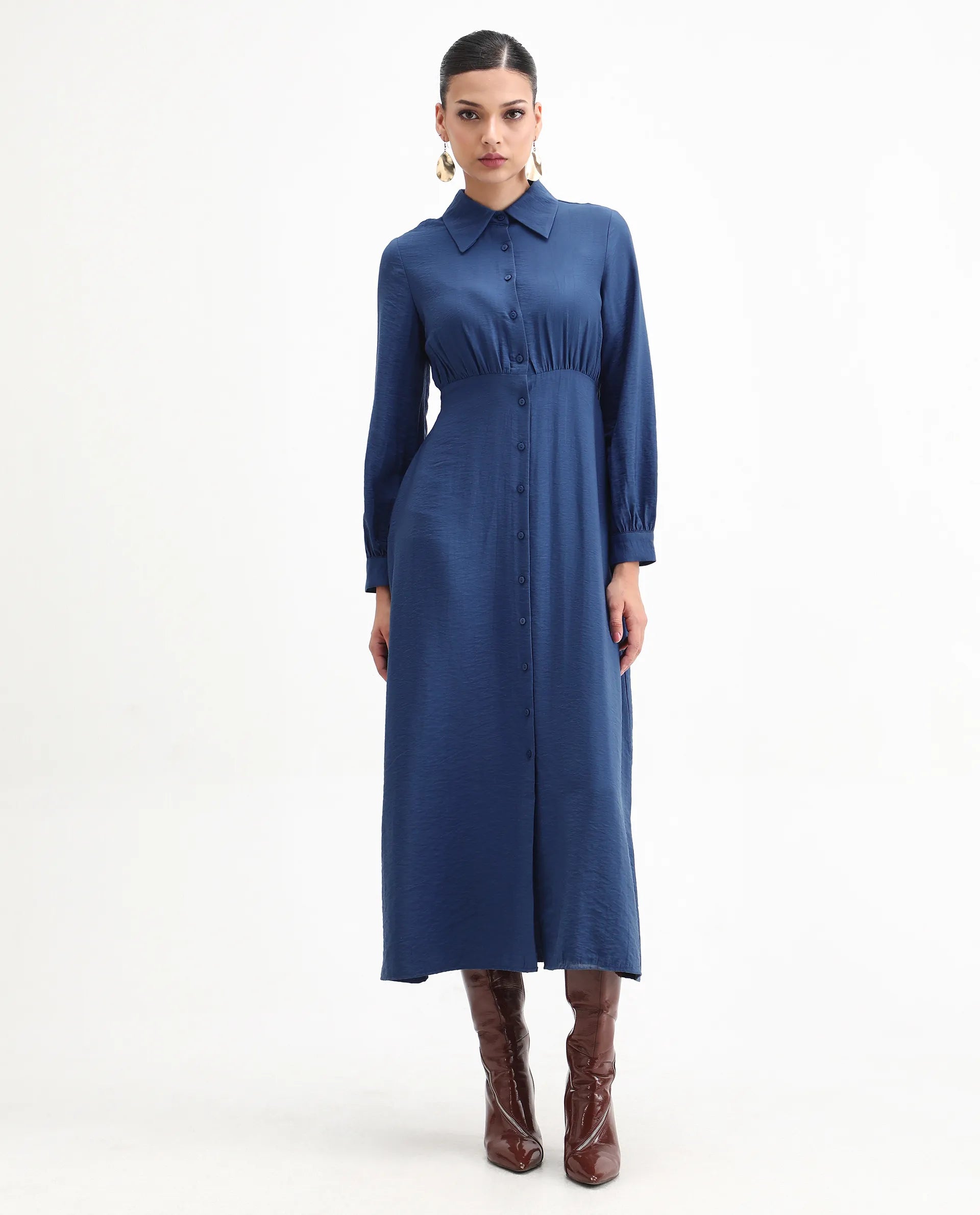 Rareism Women's Jenzif Blue Viscose Blend Collared Neck A-Line Plain Dress
