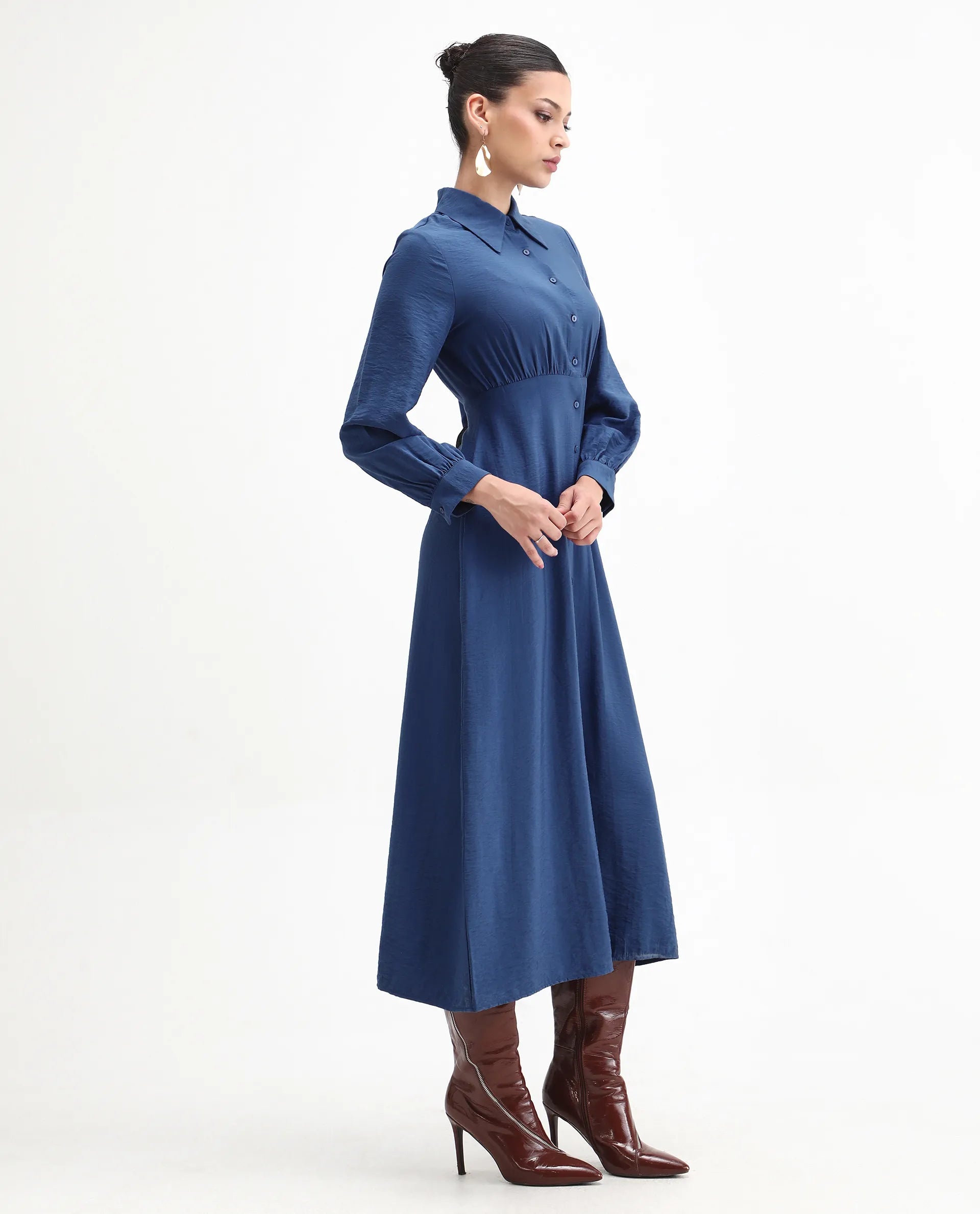 Rareism Women's Jenzif Blue Viscose Blend Collared Neck A-Line Plain Dress