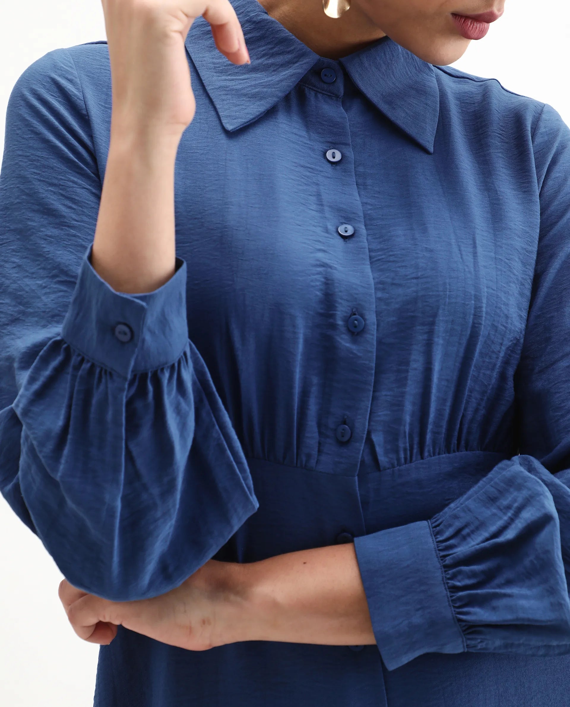 Rareism Women's Jenzif Blue Viscose Blend Collared Neck A-Line Plain Dress