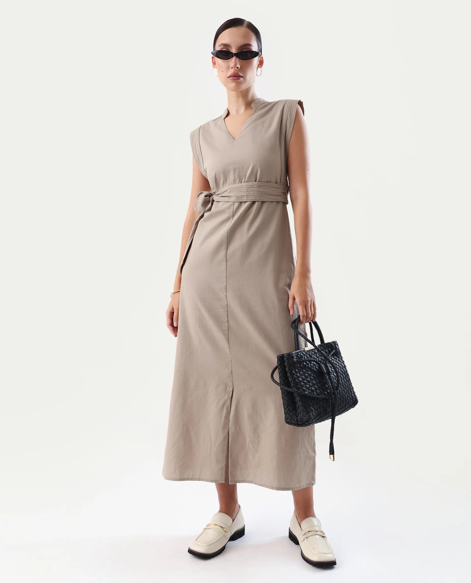 Rareism Women's Jenzo Beige Cotton Mandarin Collar Straight Fit Plain Dress