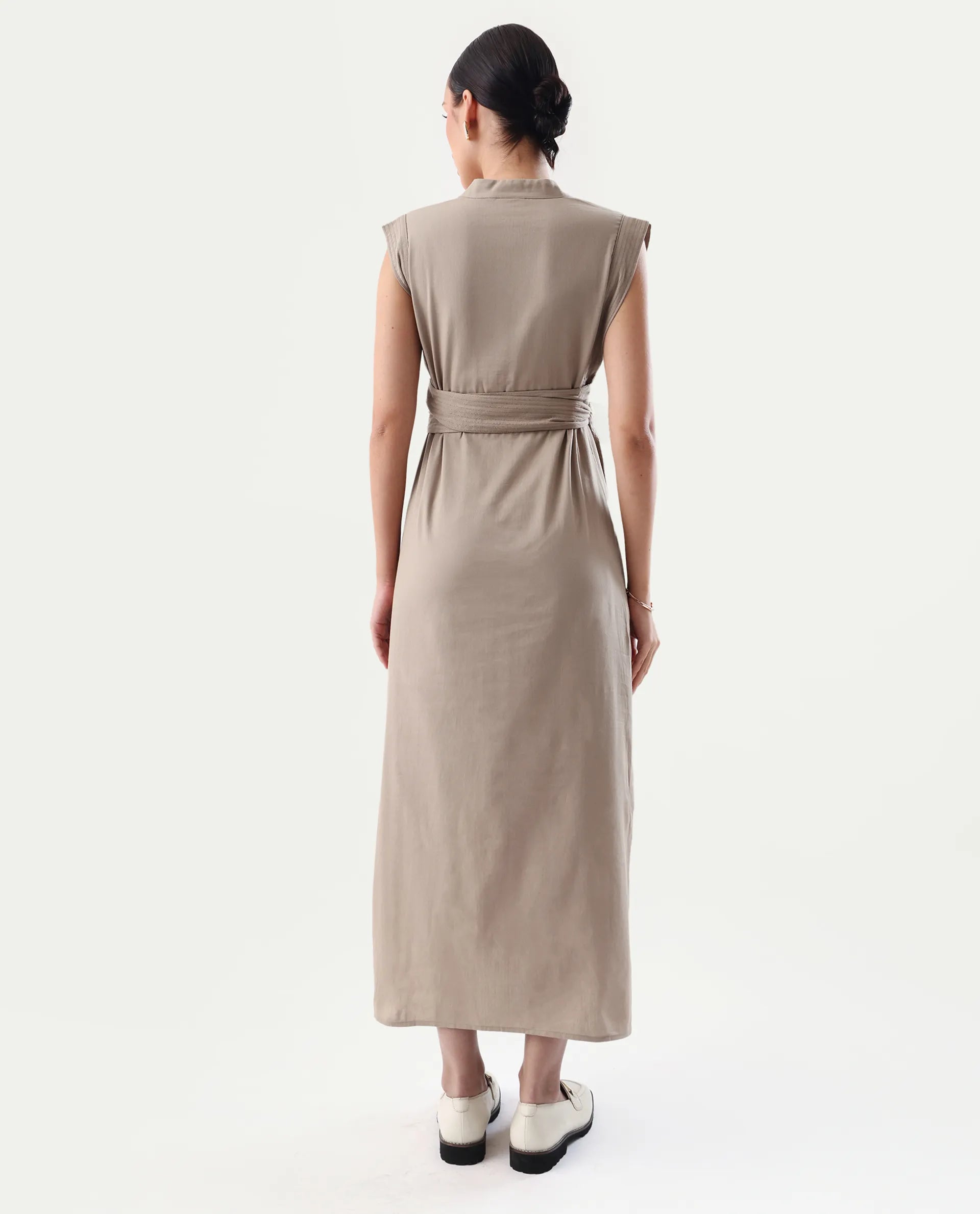 Rareism Women's Jenzo Beige Cotton Mandarin Collar Straight Fit Plain Dress