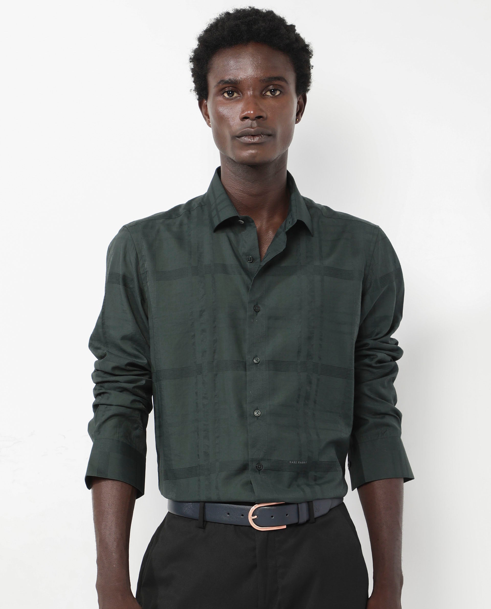 Rare Rabbit Men's Jerdo Green Viscose Nylon Fabric Full Sleeves Regular Fit Checked Shirt