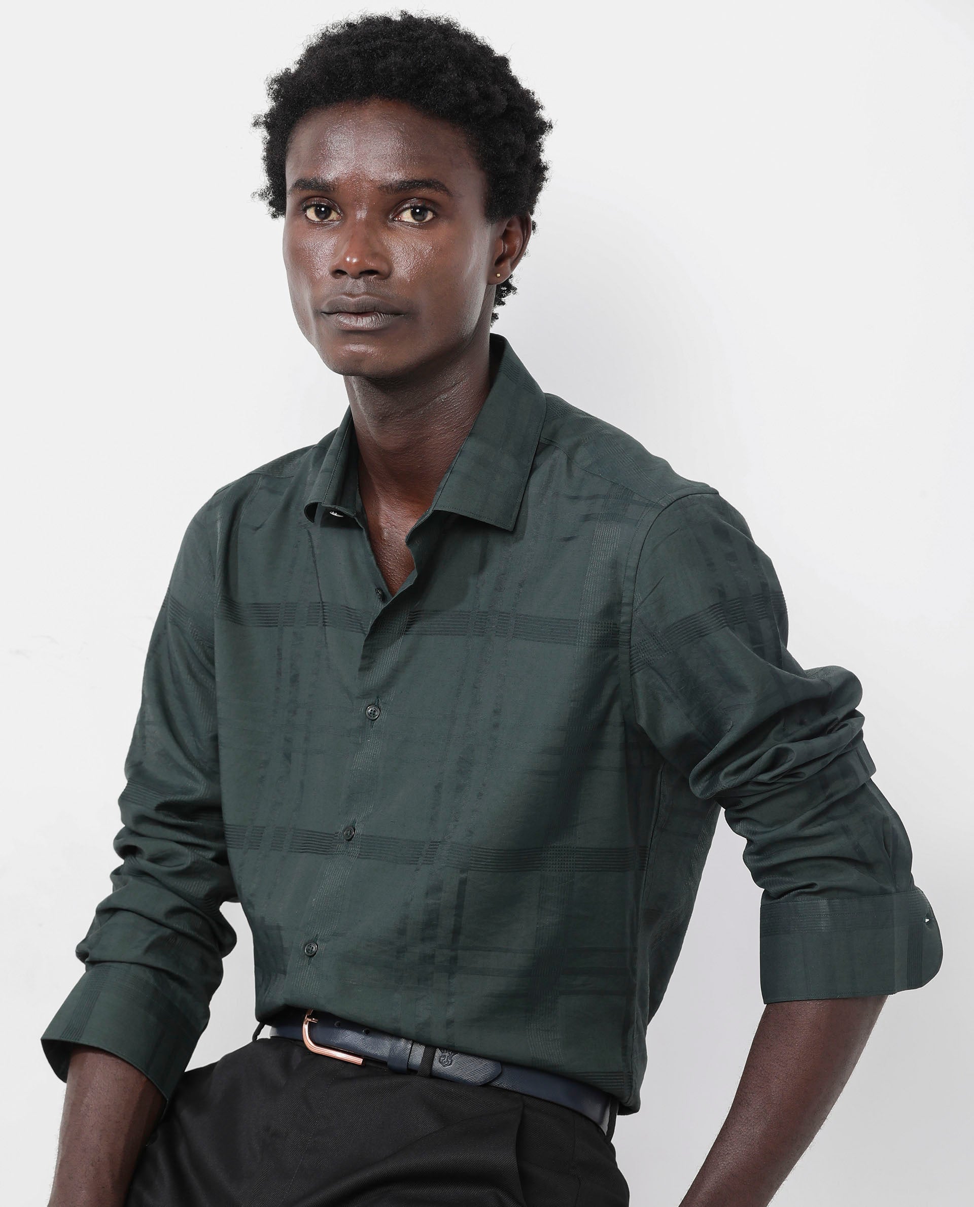 Rare Rabbit Men's Jerdo Green Viscose Nylon Fabric Full Sleeves Regular Fit Checked Shirt