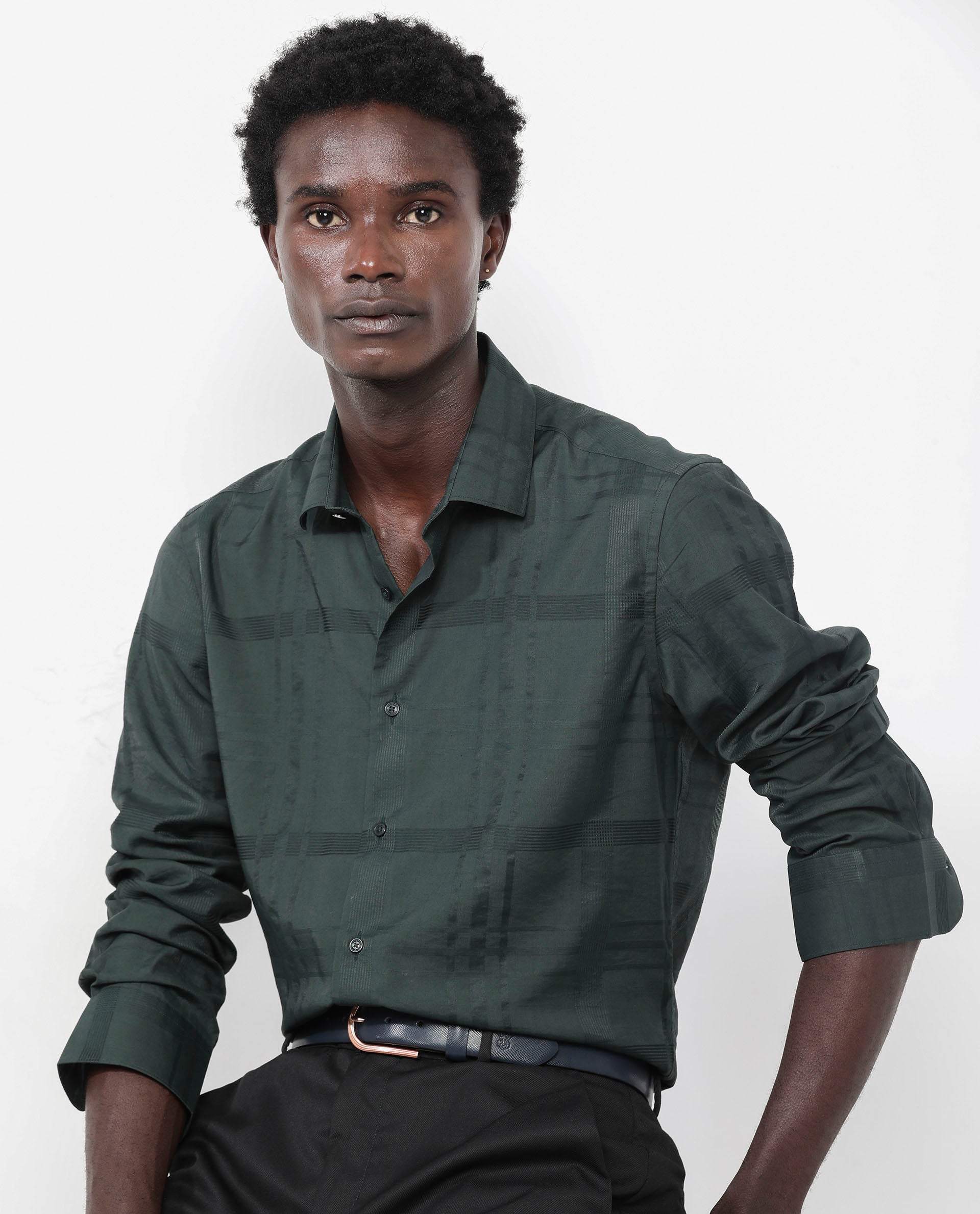 Rare Rabbit Men's Jerdo Green Viscose Nylon Fabric Full Sleeves Regular Fit Checked Shirt