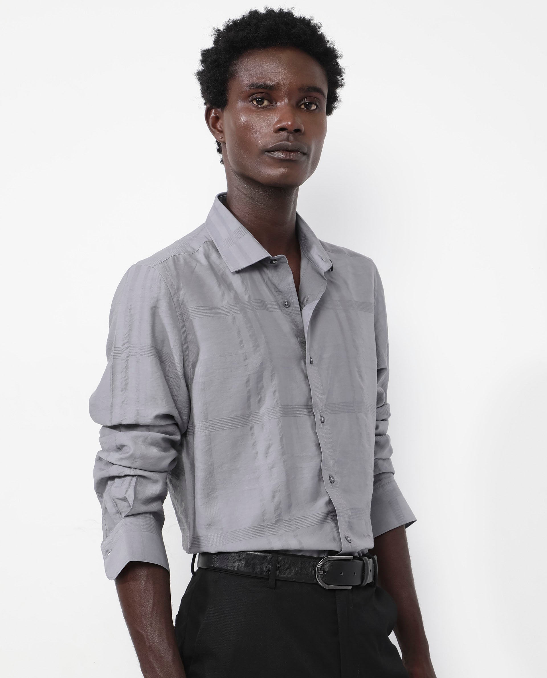 Rare Rabbit Men's Jerdo Grey Viscose Nylon Fabric Full Sleeves Regular Fit Checked Shirt