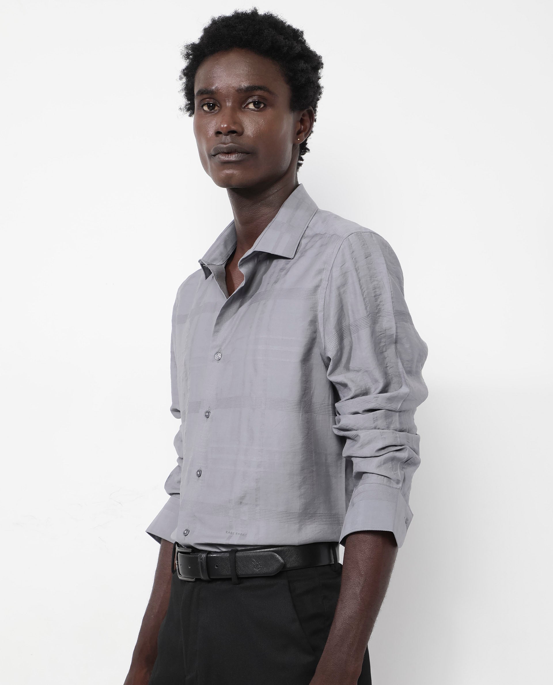 Rare Rabbit Men's Jerdo Grey Viscose Nylon Fabric Full Sleeves Regular Fit Checked Shirt