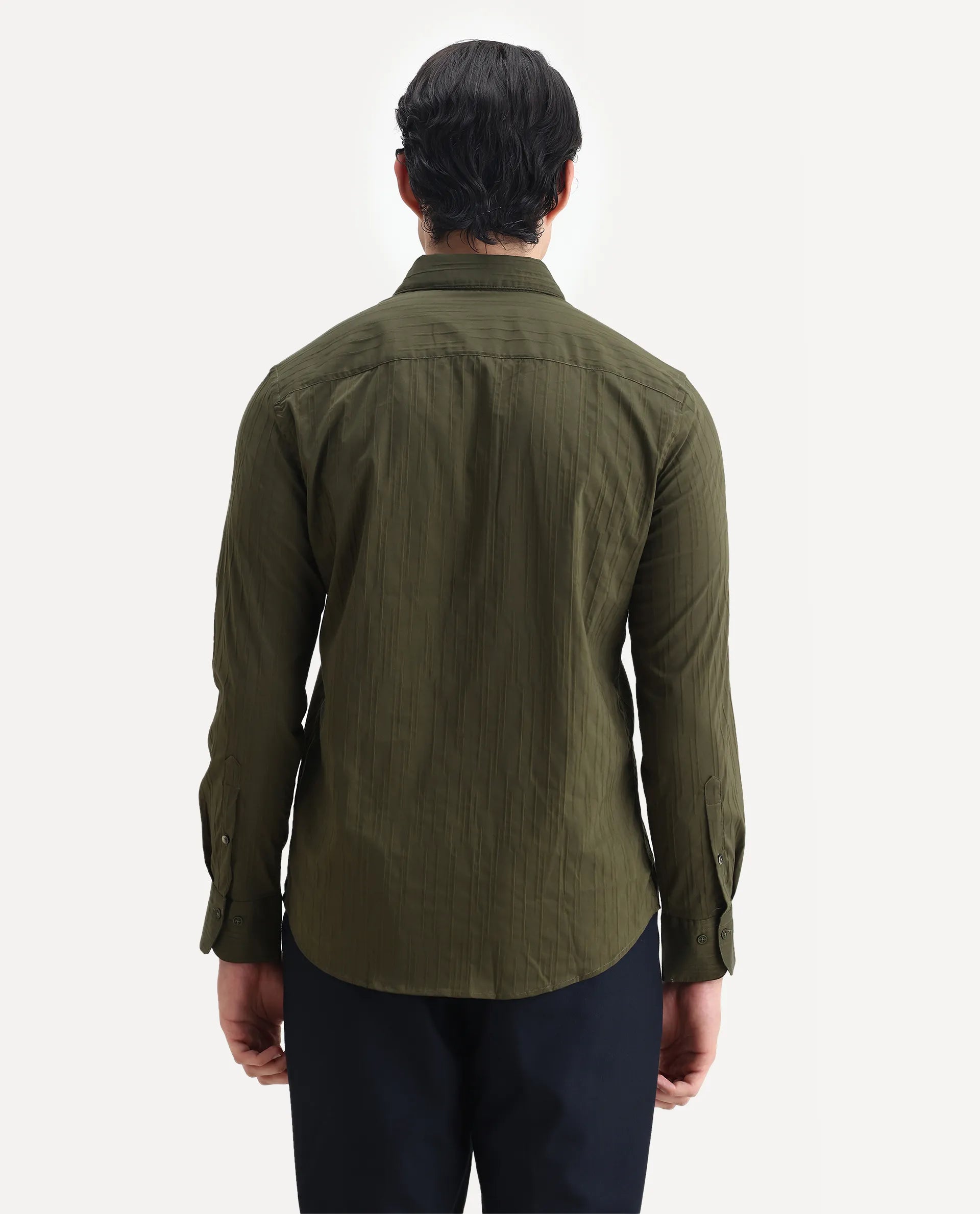 Rare Rabbit Men's Jerna-B Olive Cotton Blend Striped Print Regular Fit Full Sleeve Collared Shirt