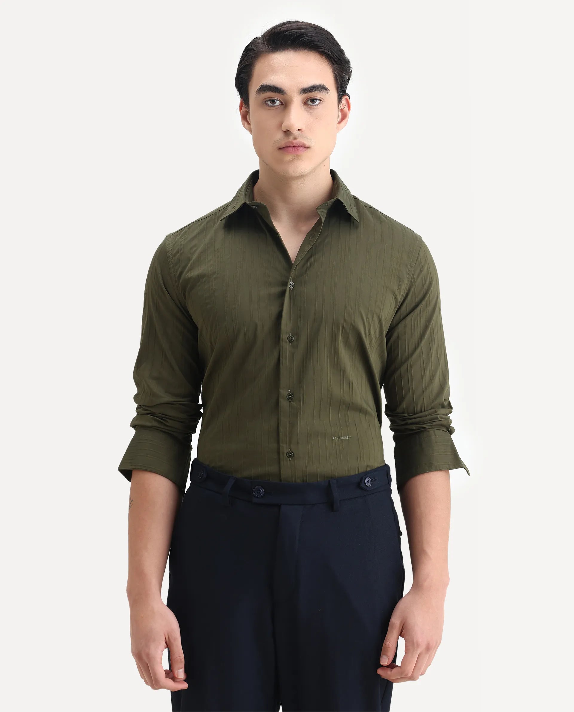 Rare Rabbit Men's Jerna-B Olive Cotton Blend Striped Print Regular Fit Full Sleeve Collared Shirt