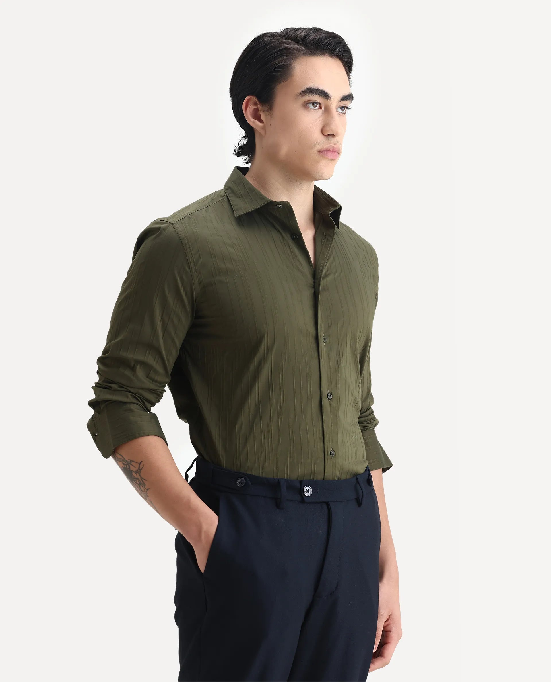 Rare Rabbit Men's Jerna-B Olive Cotton Blend Striped Print Regular Fit Full Sleeve Collared Shirt